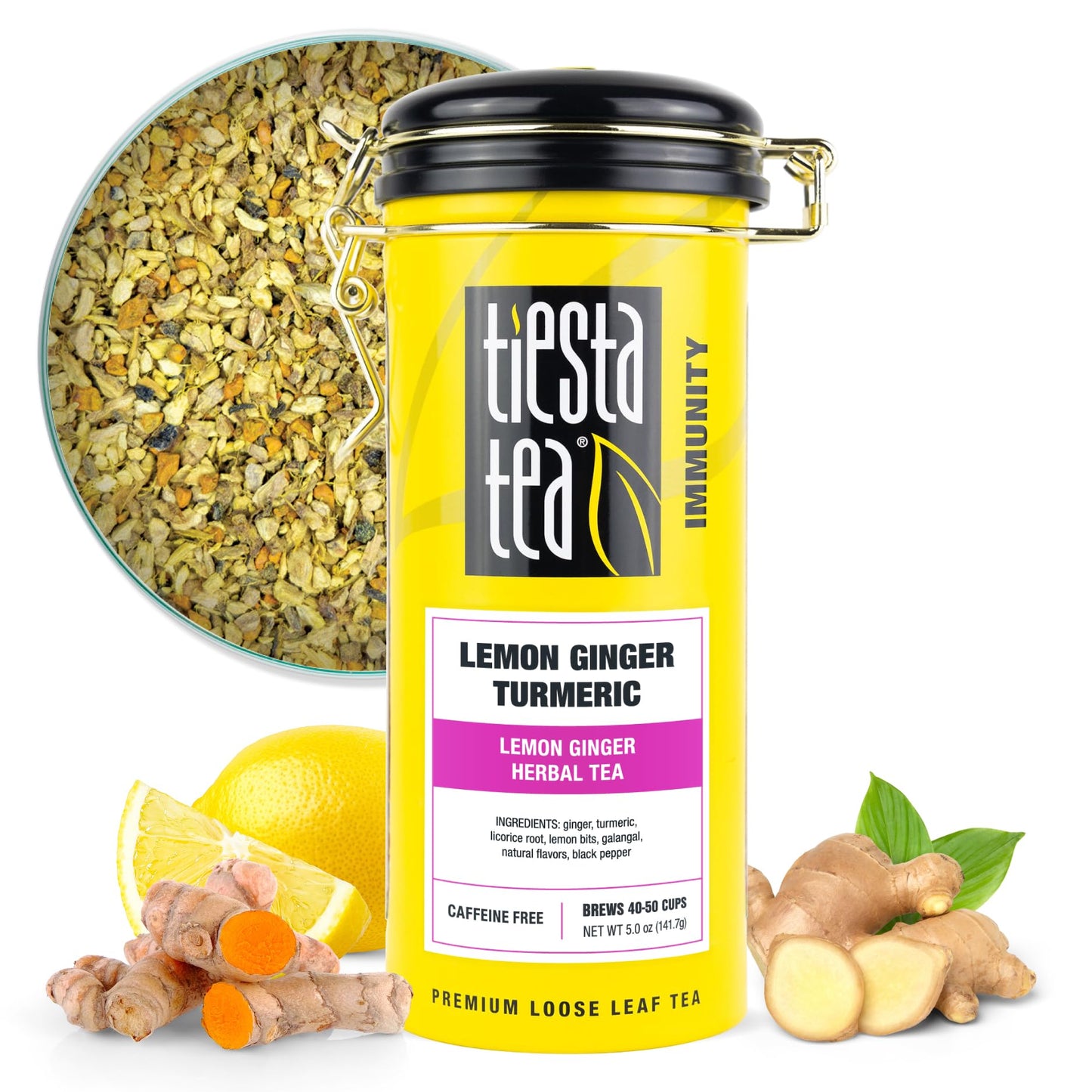 Tiesta Tea - Lemon Ginger Turmeric | Lemon Ginger Herbal Tea | enhanced Loose Leaf Tea Blend | Non Caffeinated Herbal Tea | Make Hot or Iced Tea & Brews Up to 50 Cups - 5 Ounce Refillable Tin