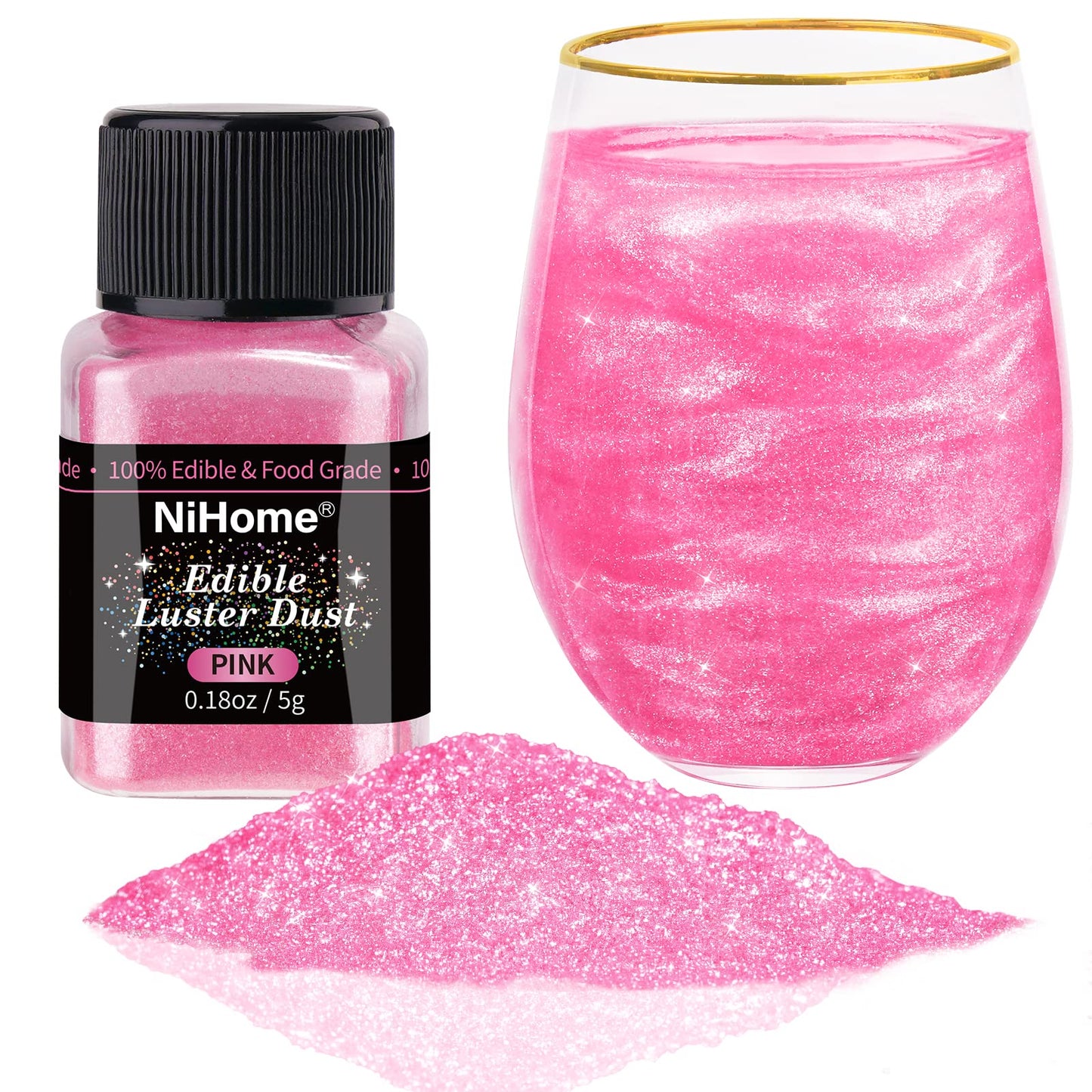 NiHome Edible Food-Grade Glimmer Powder Glitter Luster Dust Metallic Food Decorating Sprinkle Glimmery Dust for Drink Wine Beverage Cake Candy Dessert Bakery Restaurant Vegan (0.18oz/5g Pink)