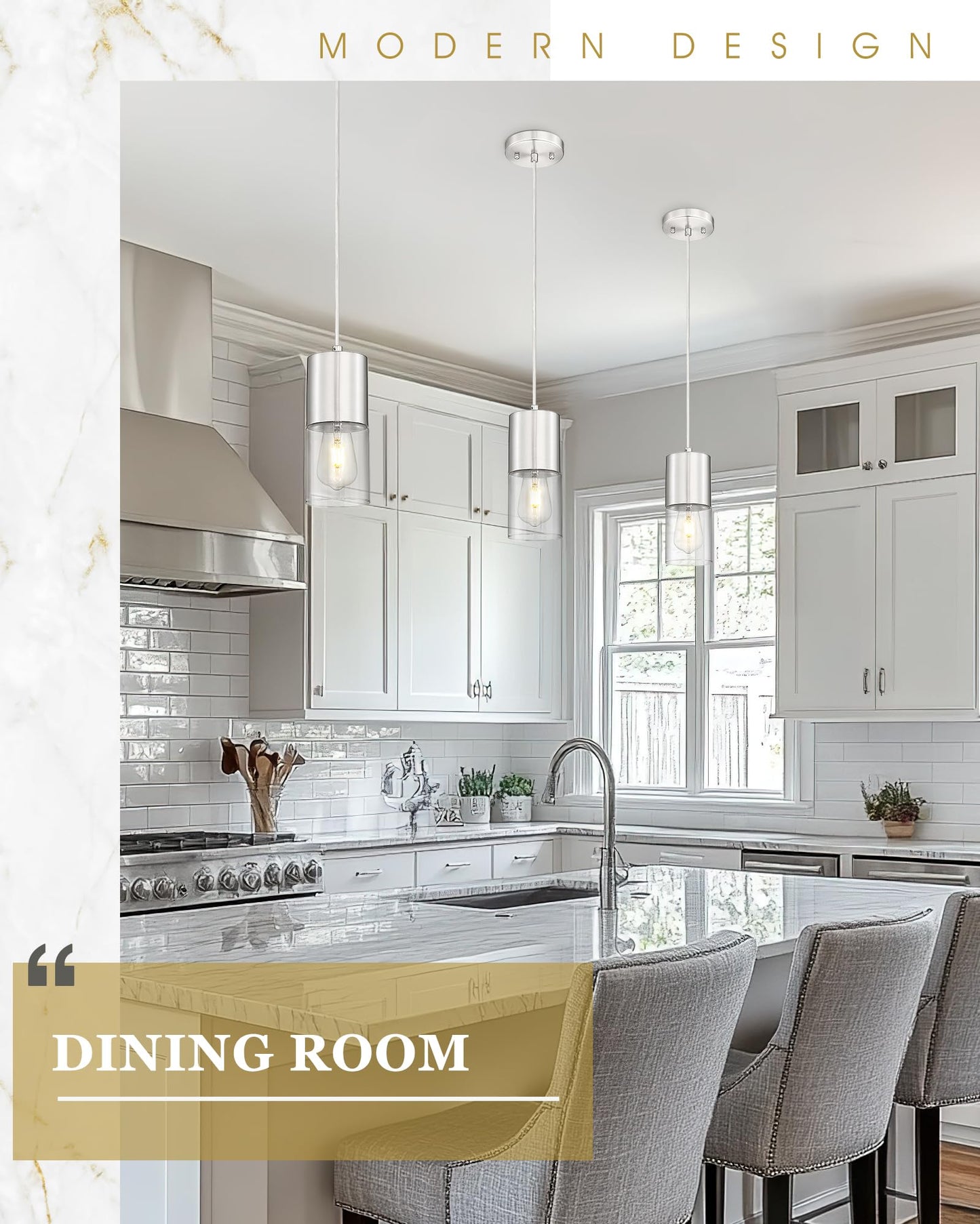 Audickic Pendant Lights Kitchen Island Brushed Nickel Hanging Lights Fixtures With Cylinder Clear Glass Modern Kitchen Pendant Lighting Over Island For Dining Room Ad-24023-1P-Sn