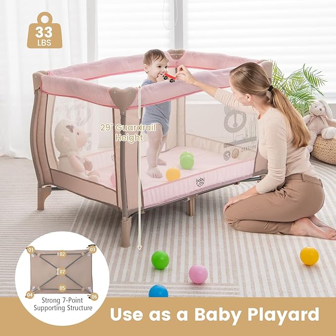 Costzon 3 in 1 Pink Pack and Play with Bassinet, Portable Baby Playard with Changing Table, Music Box, Whirling Toys, Wheels/Brake, Basket, Bag, Foldable Infant Pink Bassinet for Baby Girl Toddlers
