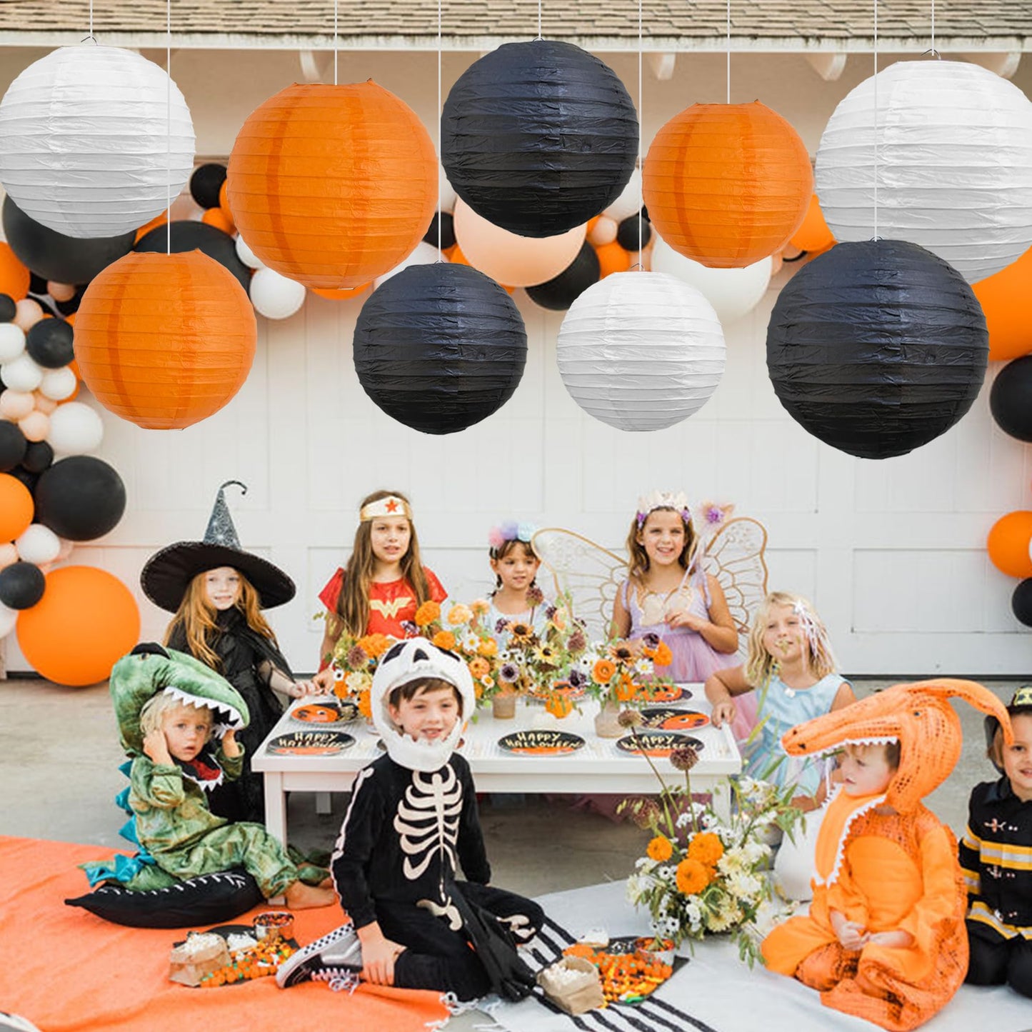 Beishida 12Pcs Orange Black White Paper Lanterns Decorative Chinese/Japanese Hanging Round Paper Lanterns Lamp For Halloween Birthday Wedding Christmas Bridal Home Decor Party Decoration
