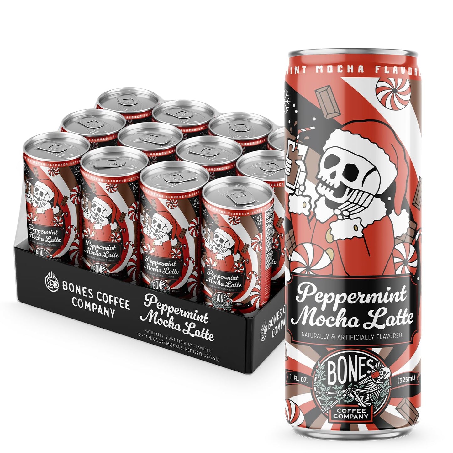 Bones Coffee Company Peppermint Mocha Latte Flavored Coffee Medium Roast Ready To Drink Iced Coffee in Can 11 Fl Oz Can (12 Pack)