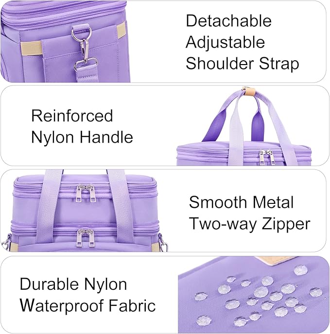 Lunch Box for Men Women - Double Deck Insulated Lunch Bag, Large Leak Proof Tote Cooler, Wide Open Dual Compartment Lunch Bags with Shoulder Strap, For Work Picnic Hiking Beach, Purple