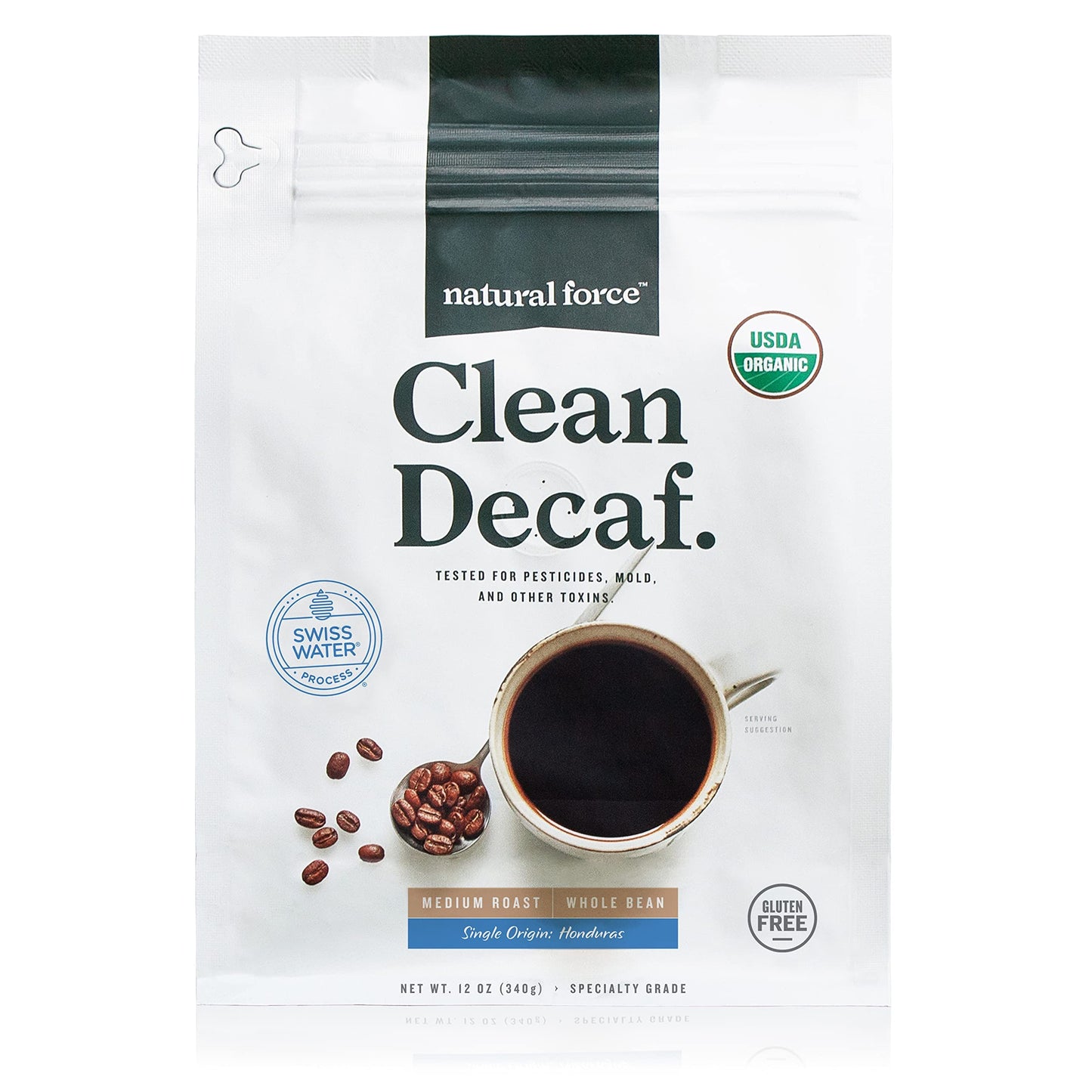 Natural Force - Organic Clean Decaf Coffee Mold & Mycotoxin Free Lab Tested for Toxins & Purity Low Acidity Whole Bean Swiss Water Decaf Medium Roast 12 oz