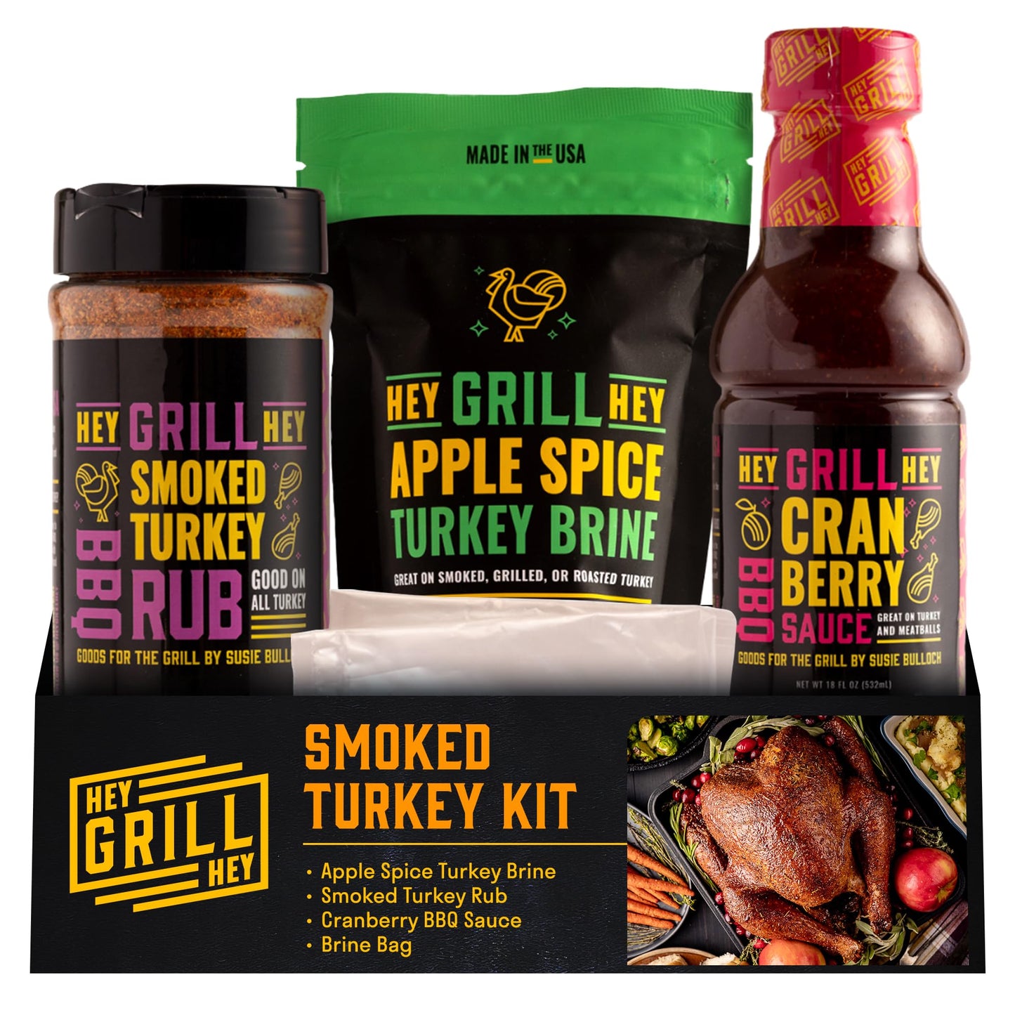 Hey Grill Hey | Turkey Brine Kit | | Includes Apple Spice Brine Smoked Turkey Rub and Cranberry BBQ Glaze| Smoked Turkey Brine & Seasoning Kit