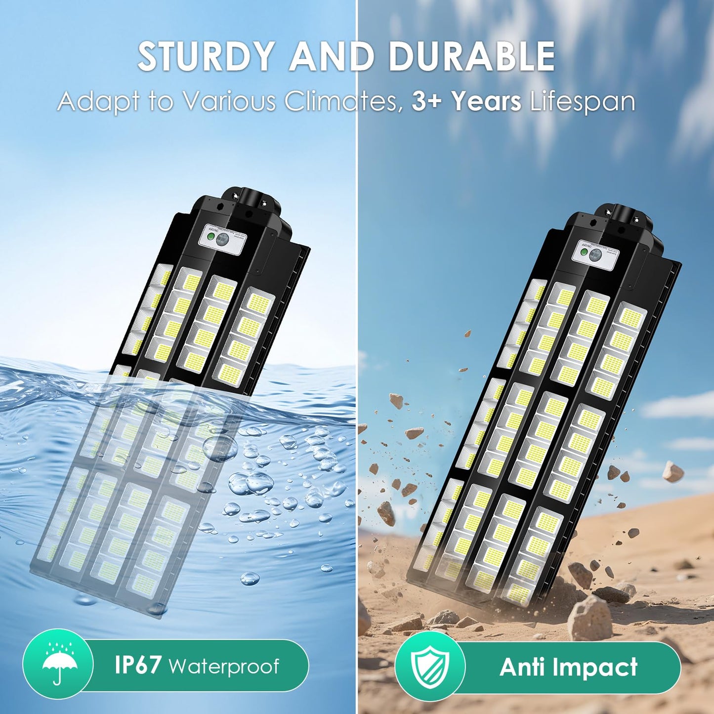 pqins Solar Street Light 12000W Outdoor Waterproof with Radar Motion Sensor, Remote Control, Black, Model SSL-TSL