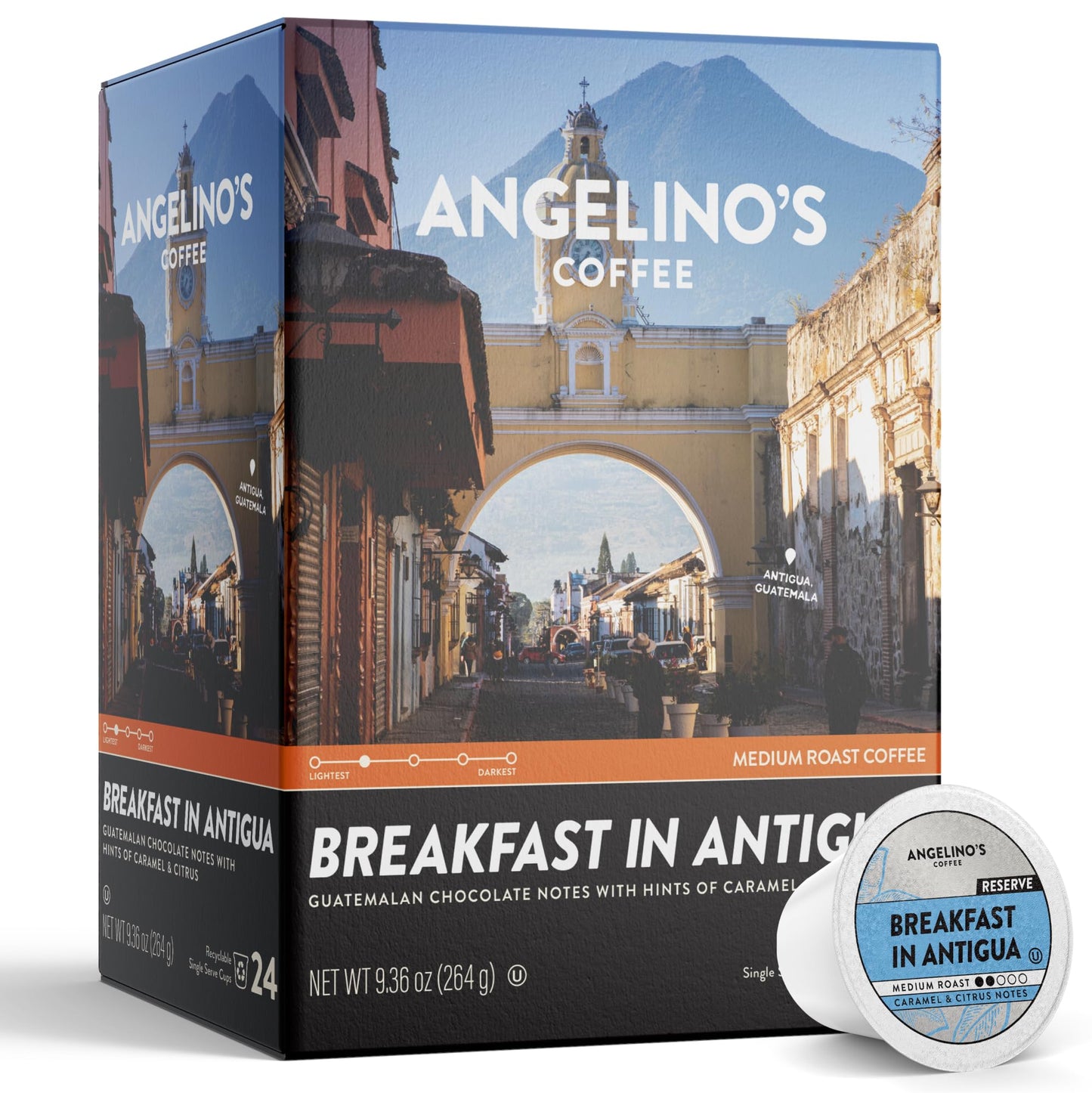 Angelinos Coffee Breakfast in Antigua Coffee Pods - Breakfast Blend Coffee K Cups Compatible Medium Roast Coffee Reserve Chocolate & Caramel Notes Citrus Hints Guatemala Origin 24 Count - enhanced Breakfast Blend Coffee for Keurig Machines