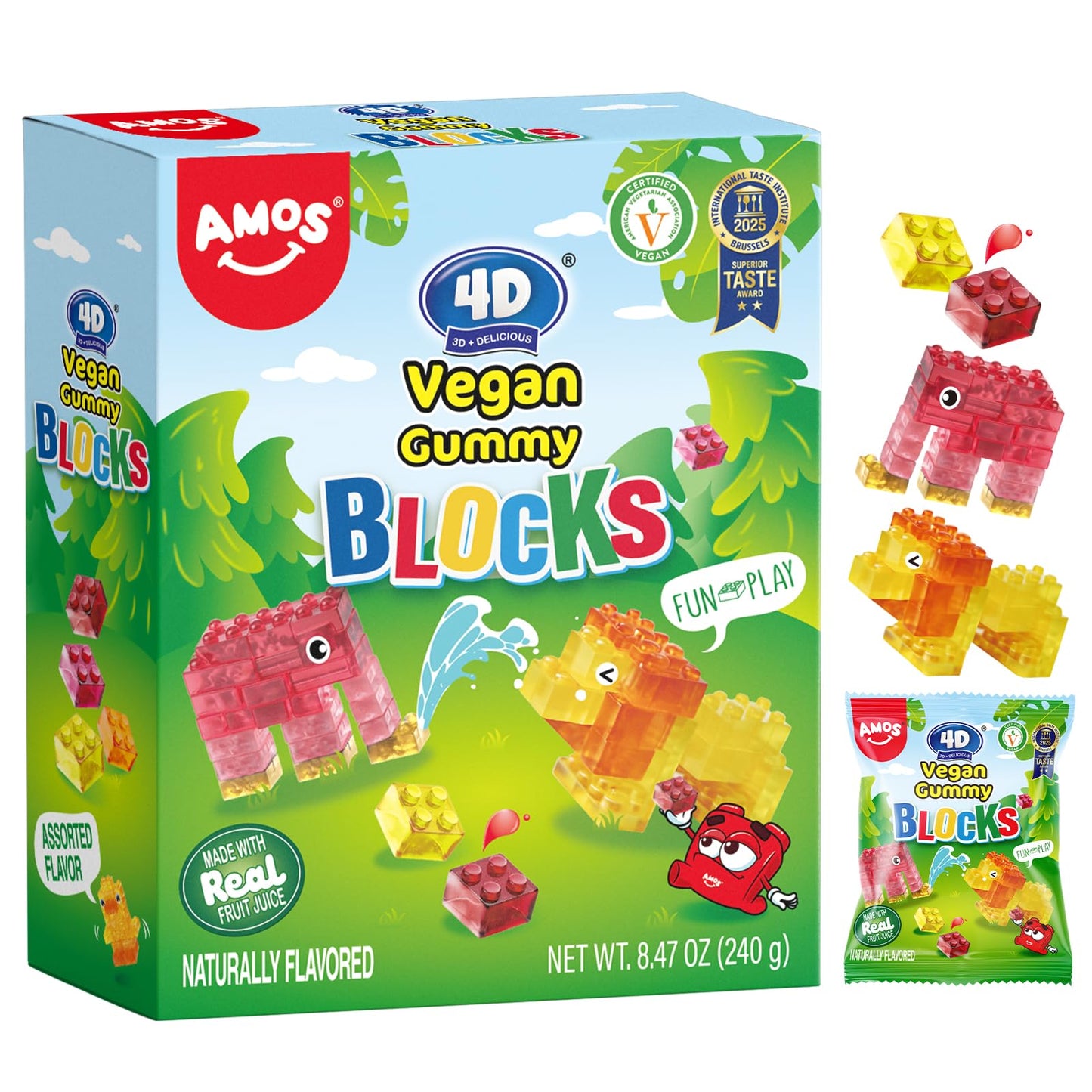 AMOS 4D Vegan Gummy Blocks Candy - Assorted Fruit Flavors Made with Real Juice Fun-to-Build Edible Blocks Fat-Free (8.47 oz Pack of 1)