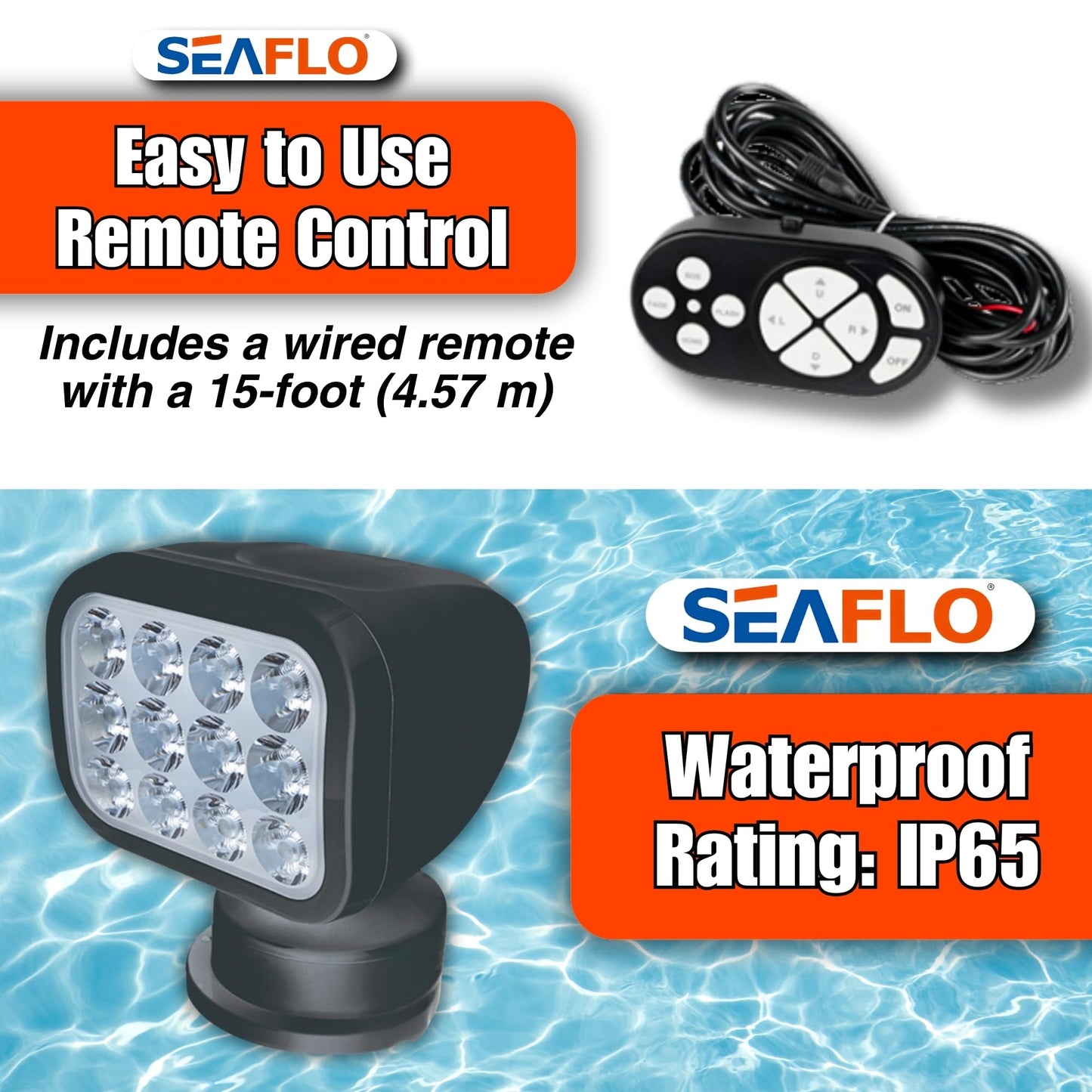 SEAFLO 360° Rotating LED Searchlight, IP66 Waterproof, 10-30V, Warm Light 2700K, Black, Model SFSL-2700Y-01B
