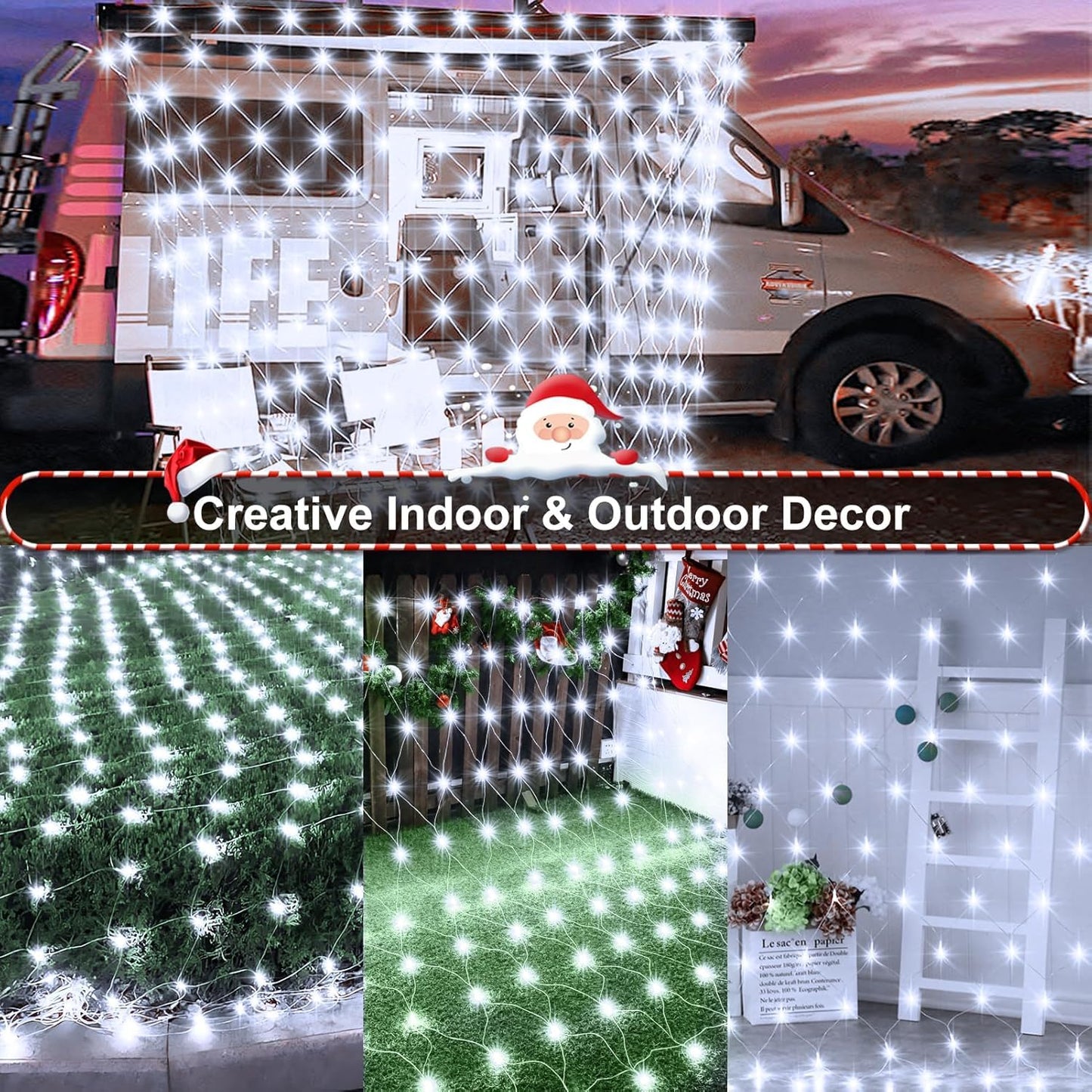 DBFAIRY Battery Powered Net Lights, 100 LED, 5x5 Ft, Cool White, Remote Timer, Dimmable, Outdoor Bush Decoration, Model DB100