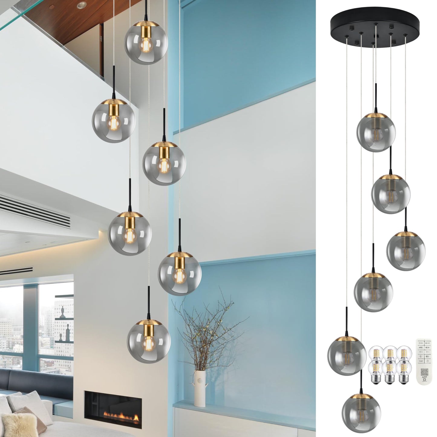 KoKo&Yukina Gold 6-Light Globe Chandelier Modern Globe Pendant Light Dining Light Fixtures Ceiling Hanging Stairwell Lighting Ad