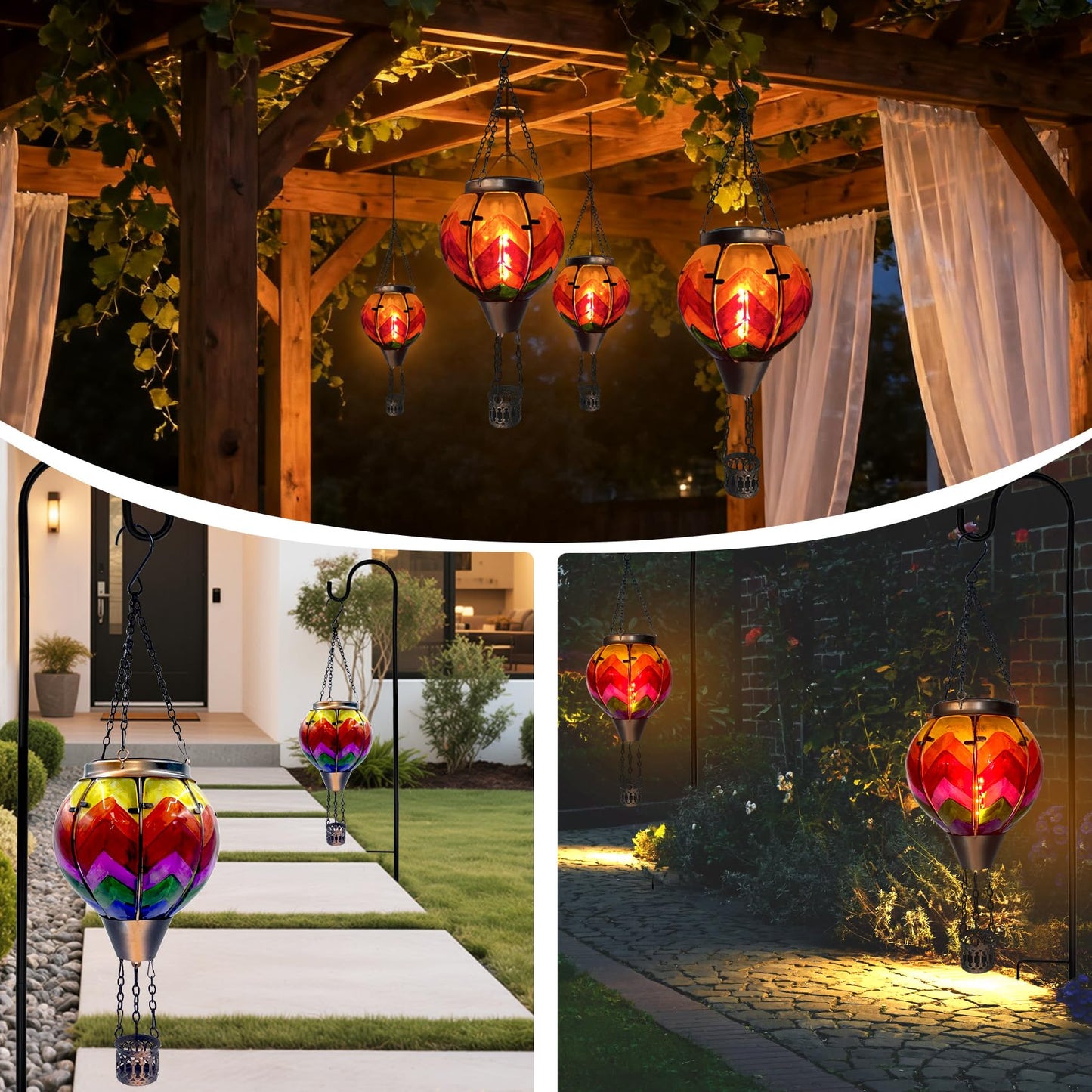 Twirleternity 2Pcs Hot Air Balloon Solar Lantern (Metal Shepherds Hook) (Flickering Flame) (Efficient Solar Panel Power) Hanging Lanterns Outdoor Waterproof Thanksgiving Gifts Colorful Wave