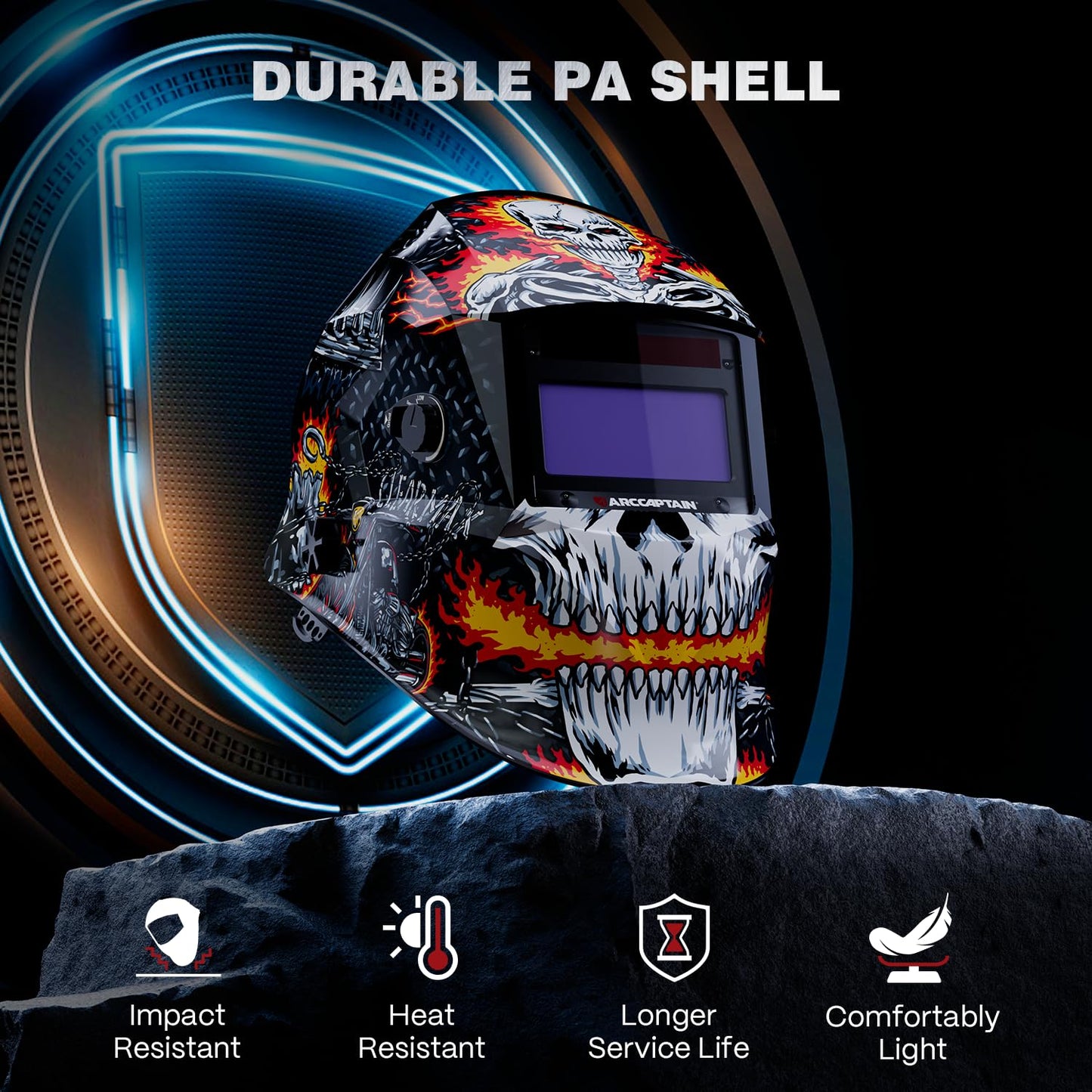 ARCCAPTAIN Welding Helmet Auto Darkening, 1/1/1/1 True Color Welding Hood, 4 Arc Sensor 1/25000s Response Time Solar Powered Weld Hood Helmet HSH-S800 Skeleton Knight