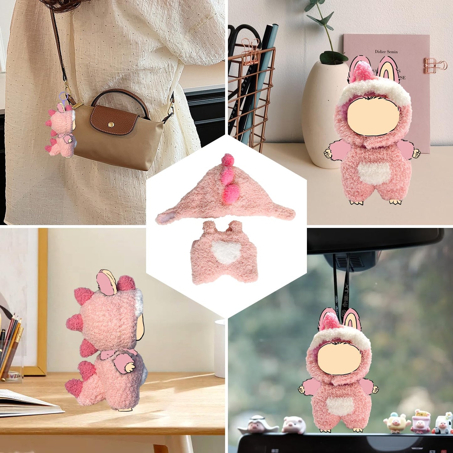 LUFZFEU 2025 New 17 cm Doll Clothes, Cute Outfits for Clothes Set, Keychain Accessories for Dolls, Faking Animal Style Doll Outfit Jumpsuit (Pink Dinosaurs)