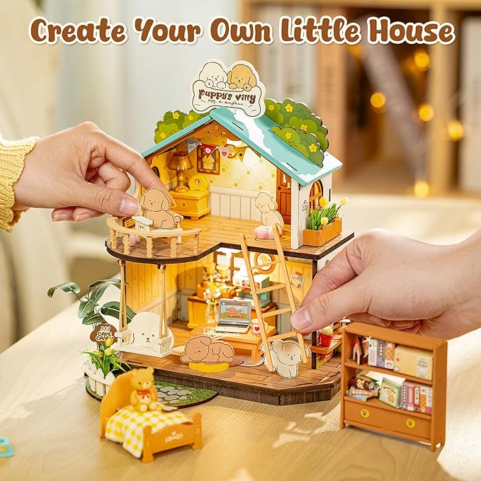 ROBOTIME DIY Miniature House Kit, Mini Wooden Dollhouse Diorama Model, Tiny House Building Kits,Birthday Christmas Craft Hobbies Gift for Teens Kids and Friends(Puppy's Cozy Villa)
