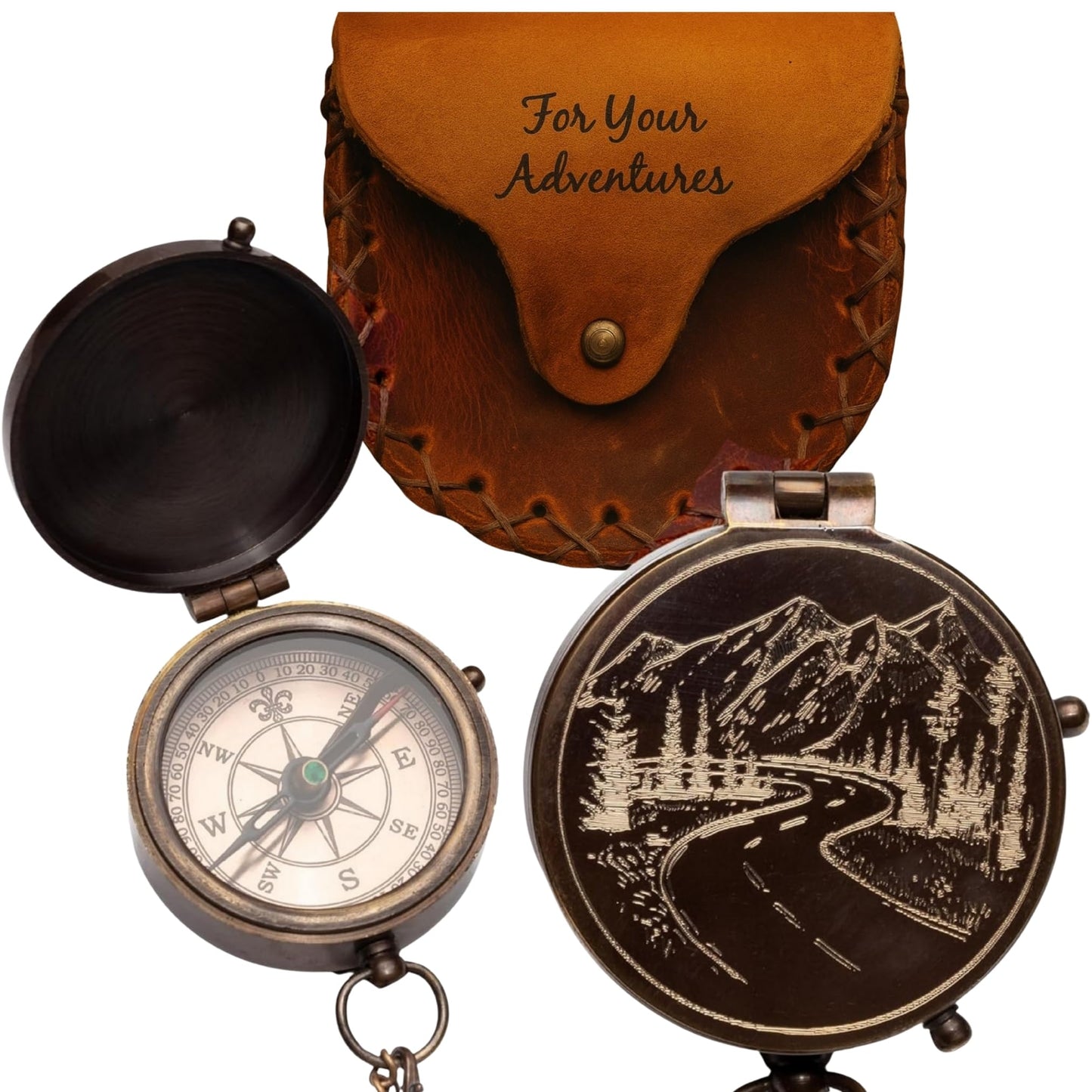 Engraved Compass Gift for Men - Vintage Brass Pocket Compass for Hiking, Adventure, and Travel - Antique Finish with Leather Cas