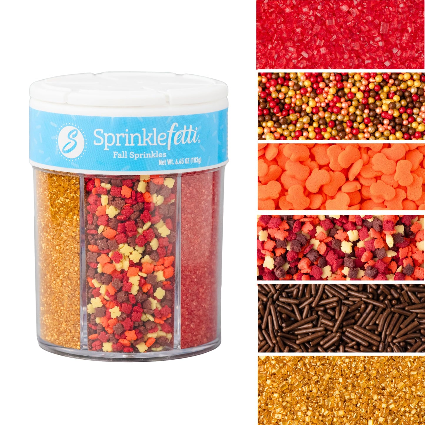 Sweets Indeed Sprinklefetti Fall 6-Cell Sprinkle Jar - 6 Assorted Fall Sprinkles (Pumpkins Leaves Sugar Crystals Nonpareils Jimmies) | Cupcake & Cake Decorations | 6.45 oz