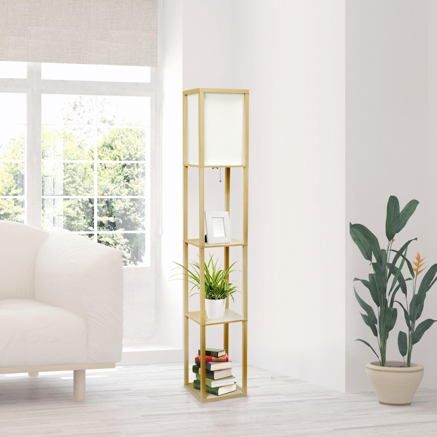 LALIA HOME Column Shelf Floor Lamp, Wood with Linen Shade, Tan, Model LHF-3004-TN