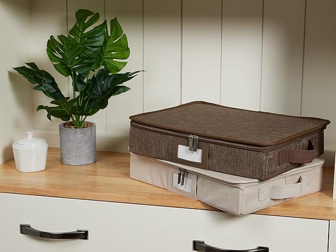 Covermates Keepsakes Flatware Storage Box - Stackable - Reinforced Handles - China Storage, Beige Heather