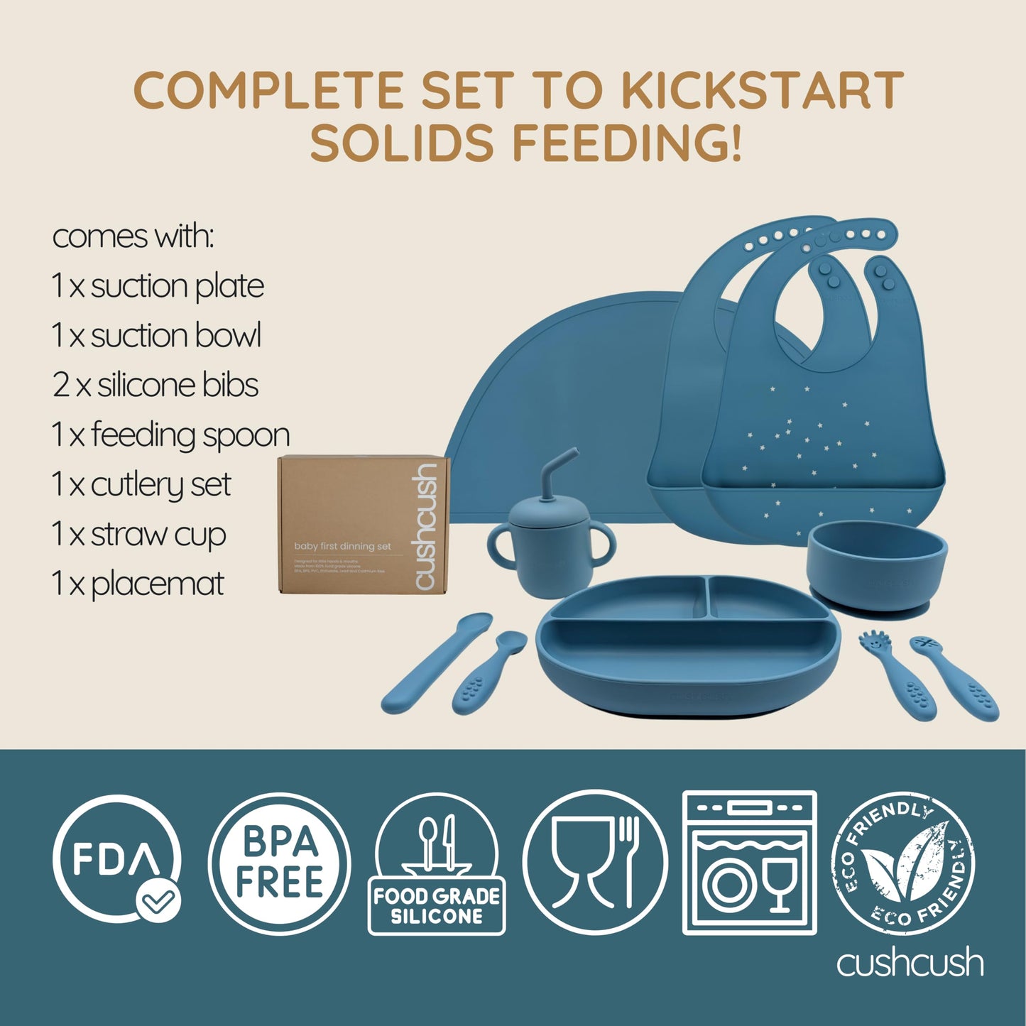 Cushcush Silicone Baby Feeding Set, Baby Led Weaning Supplies, First Stage Solid Food eating Utensils, Divided Suction Plate, Bowl, Bibs, Sippy Cup, Placemat, 6+ months Newborn Gift (Pastel Blue)