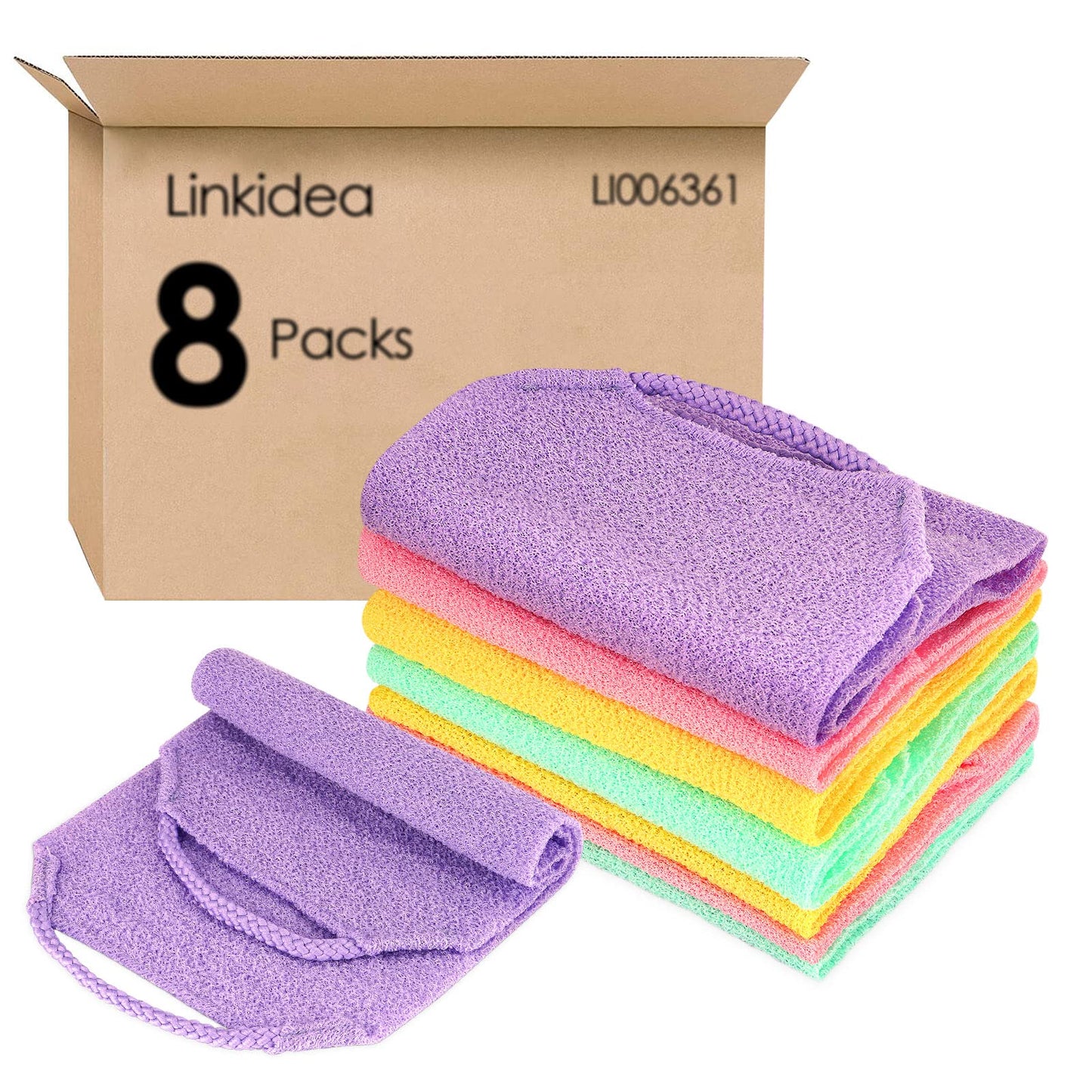 Linkidea 8 Pack Stretchable Pull Strap Exfoliating Towel Bulk Pack, Wholesale Multi-Pack Exfoliating Back Scrubber with Handles,