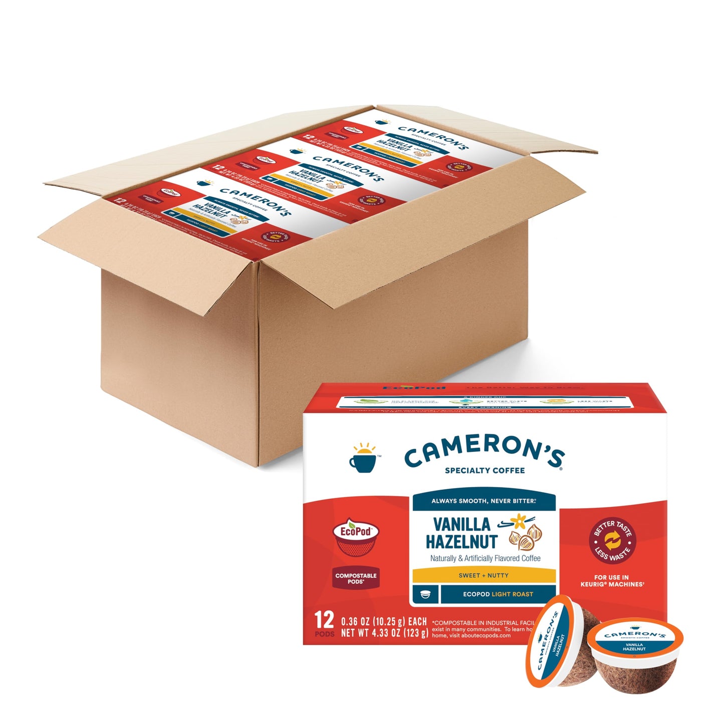Cameron s Coffee Single Serve Pods, Flavored, Vanilla Hazelnut, 12 Count (Pack of 6)
