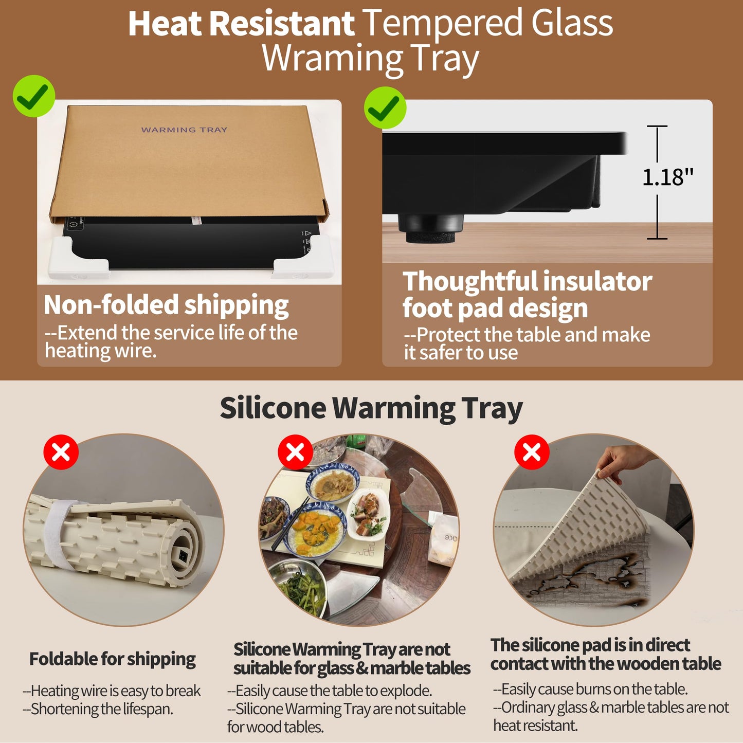 Electric Warming Tray(Large 22"x14"),Food Warmer with Thermostat and Full Surface Heating,Food Warming Mat with 2 Temperature Modes for Parties Buffet,Gatherings,Gold Edge Handles Warming Mat for Food