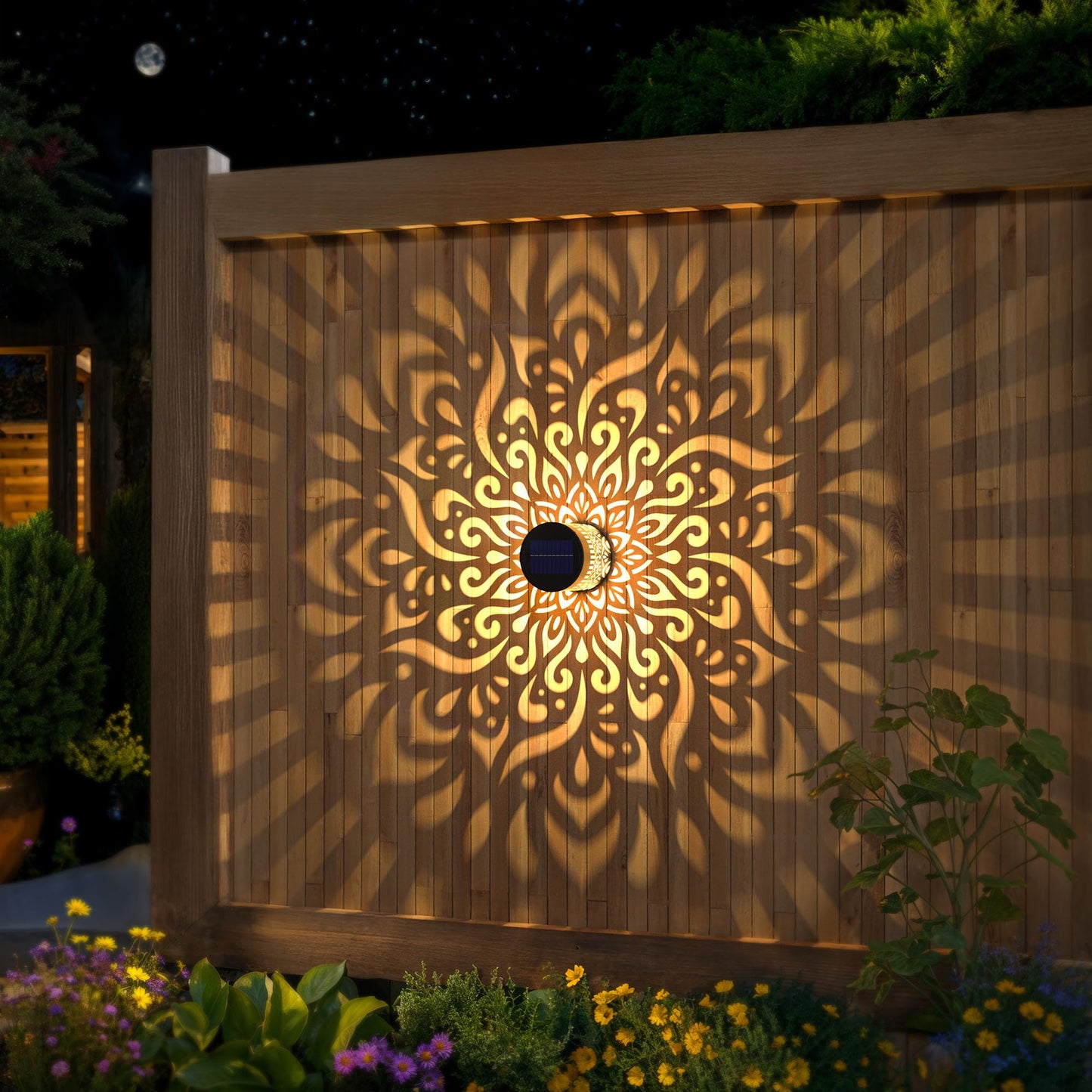gardencave Solar Fence Lights - 2 Pack Metal Waterproof Mandala Theme for Outdoor Wall Deck Patio Decor
