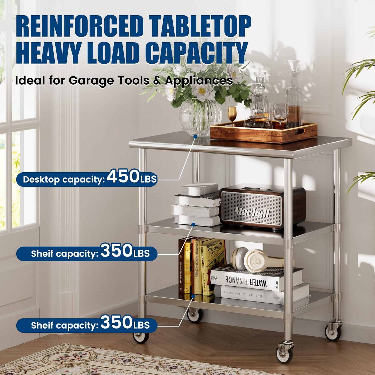 Chingoo Stainless Steel Work Table with Wheels, 24x36 Inch NSF Kitchen Prep Table with 2 Adjustable Undershelves for Commercial Restaurant, Garage, Outdoor BBQ