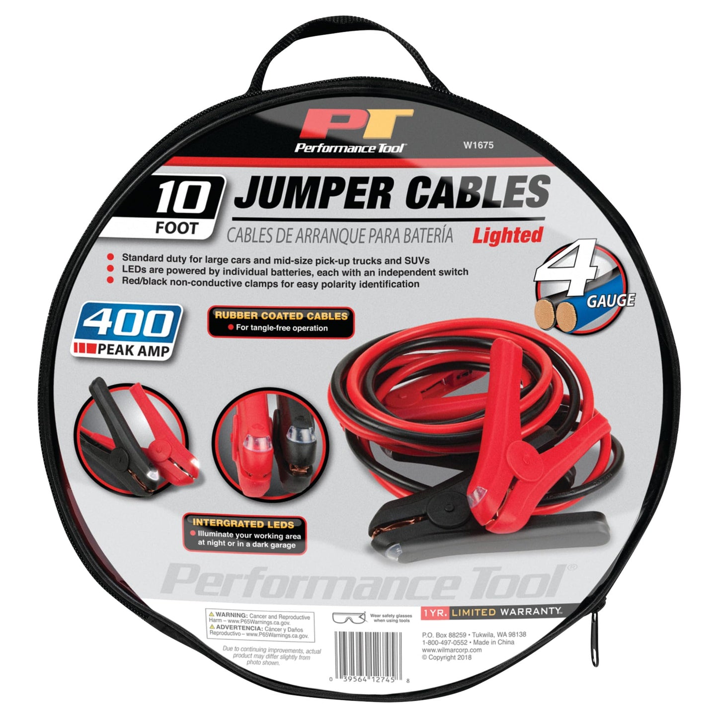 Performance Tool W1675 10Ft 4Ga Lighted Jumper Cables - Tangle-Free, Heavy Duty Clamps, Suitable For Trucks, Suvs, And Other Lar