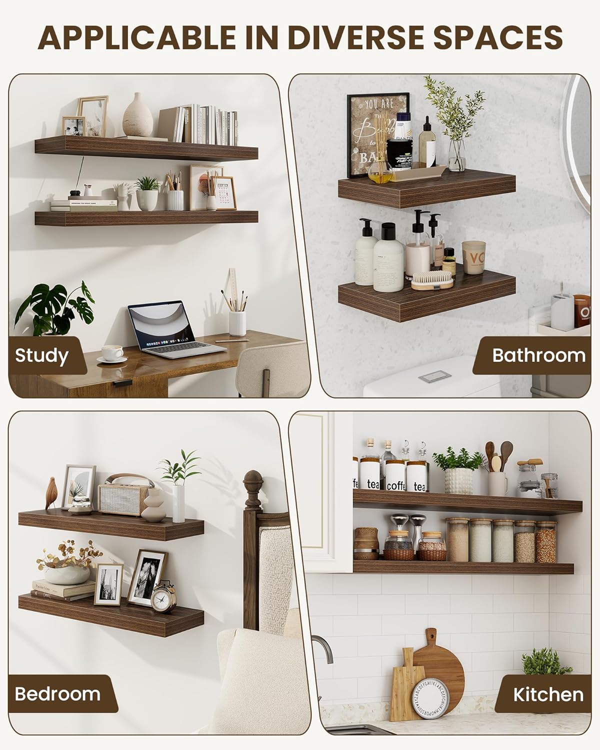 Marsmiles 24" Floating Shelves for Wall, Wooden Shelves with Invisible Brackets Set of 2, Rustic Farmhouse Wall Mounted Shelf for Kitchen Bathroom Living Room Study, Walnut