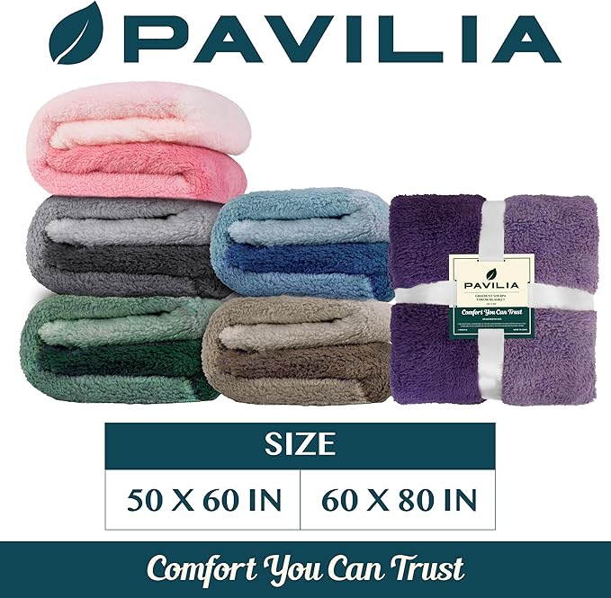 PAVILIA Fluffy Sherpa Throw Blanket Ombre | Gradient Plush, Soft, Fuzzy, Decorative Accent Throw Blanket for Couch Sofa Bed | Cozy Warm Decorative Furry Faux Fur Blanket, 50x60 Inches Purple