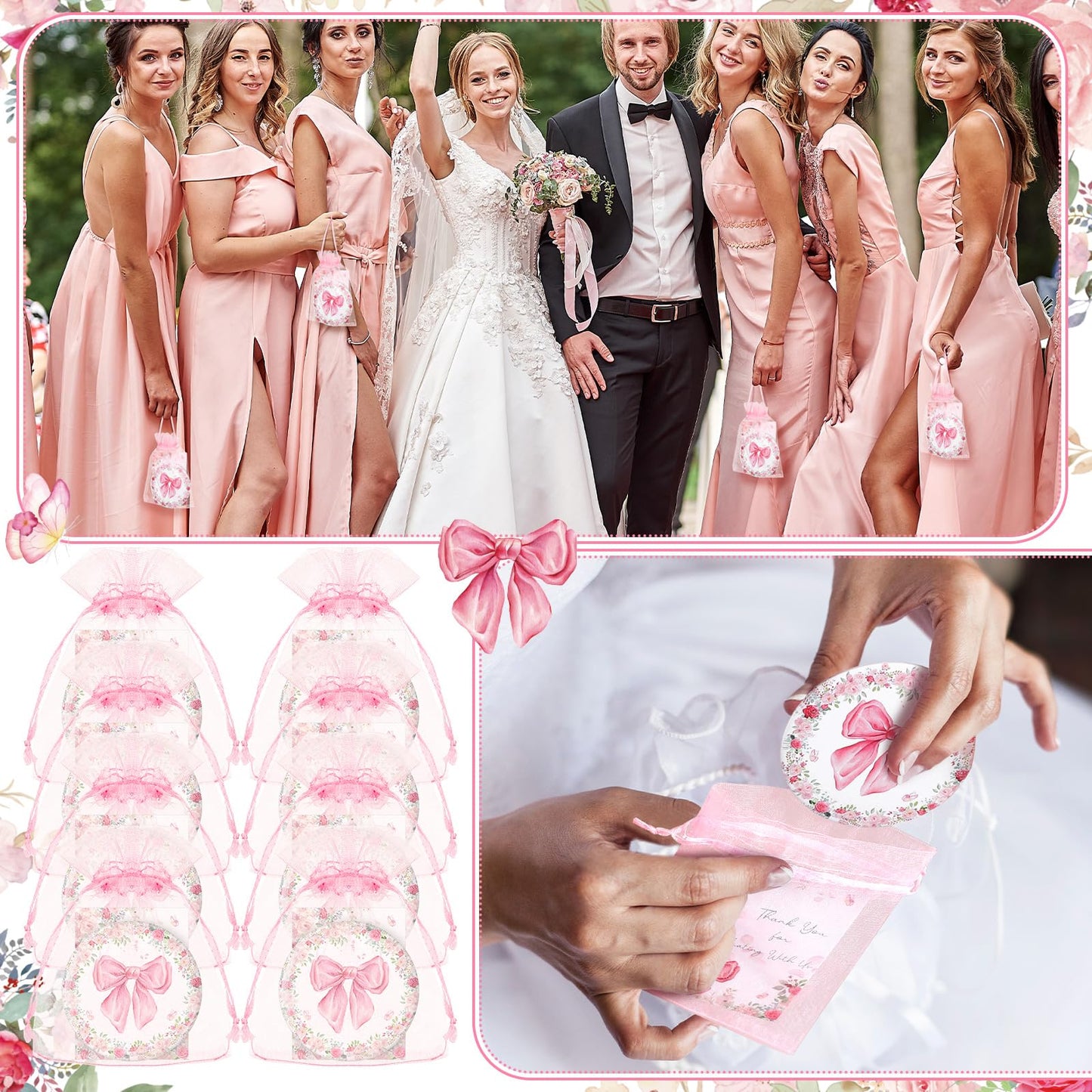 Namalu 48 Sets Coquette Pink Bow Party Favors Compact Mirror Bulk and Thank You Pink Bow Cards and Organza Bags for Bridal Weddi