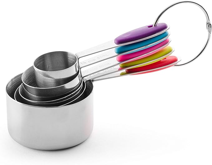 Bellemain Stainless Steel Measuring Cups Set of 5 – Nesting Metal Measuring Cups for Kitchen – Dry & Liquid Measurements (ML & OZ), Dishwasher Safe, Ergonomic Design with Colored Handles