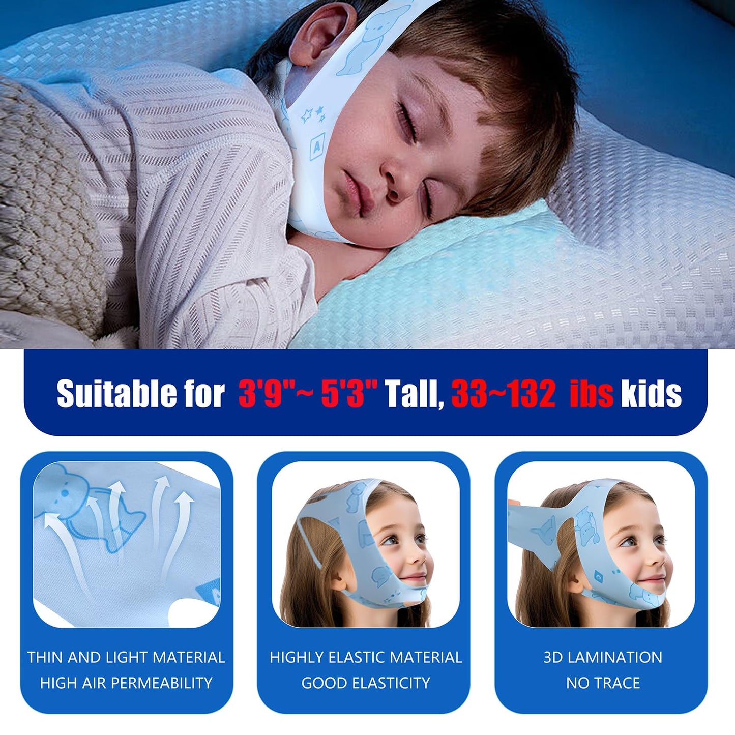 Anti Snoring Chin Strap for Sleeping Kids- Professional Anti Snoring Device for Kids, Teens, and Petite Adults, Soft, Comfortable, Breathable & Reusable (Blue Cartoon)