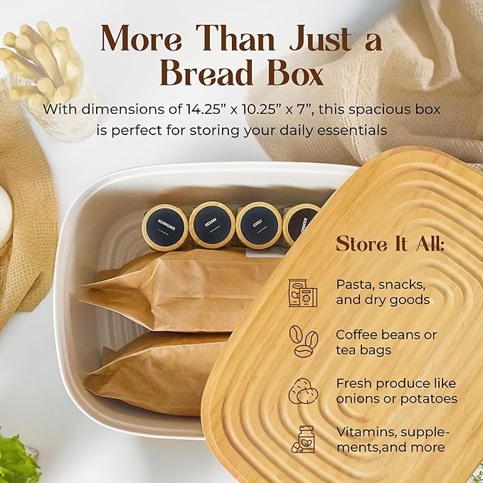 Extra Large Bread Box for Kitchen Countertop with 2 Bread Bags - Sturdy Modern Construction, Ribbed Design Keeps Bread Fresh Longer - Large Sourdough Bread Box with Cutting Board Lid (White)