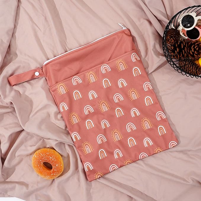 2pcs Wet Bags Waterproof Reusable Wet Dry Bag with Two Zippered Pockets Travel Beach Pool Daycare Yoga Gym Bag for Baby Cloth Diaper,Swimsuits,Wet Clothes (Circles & Arch Bridges)