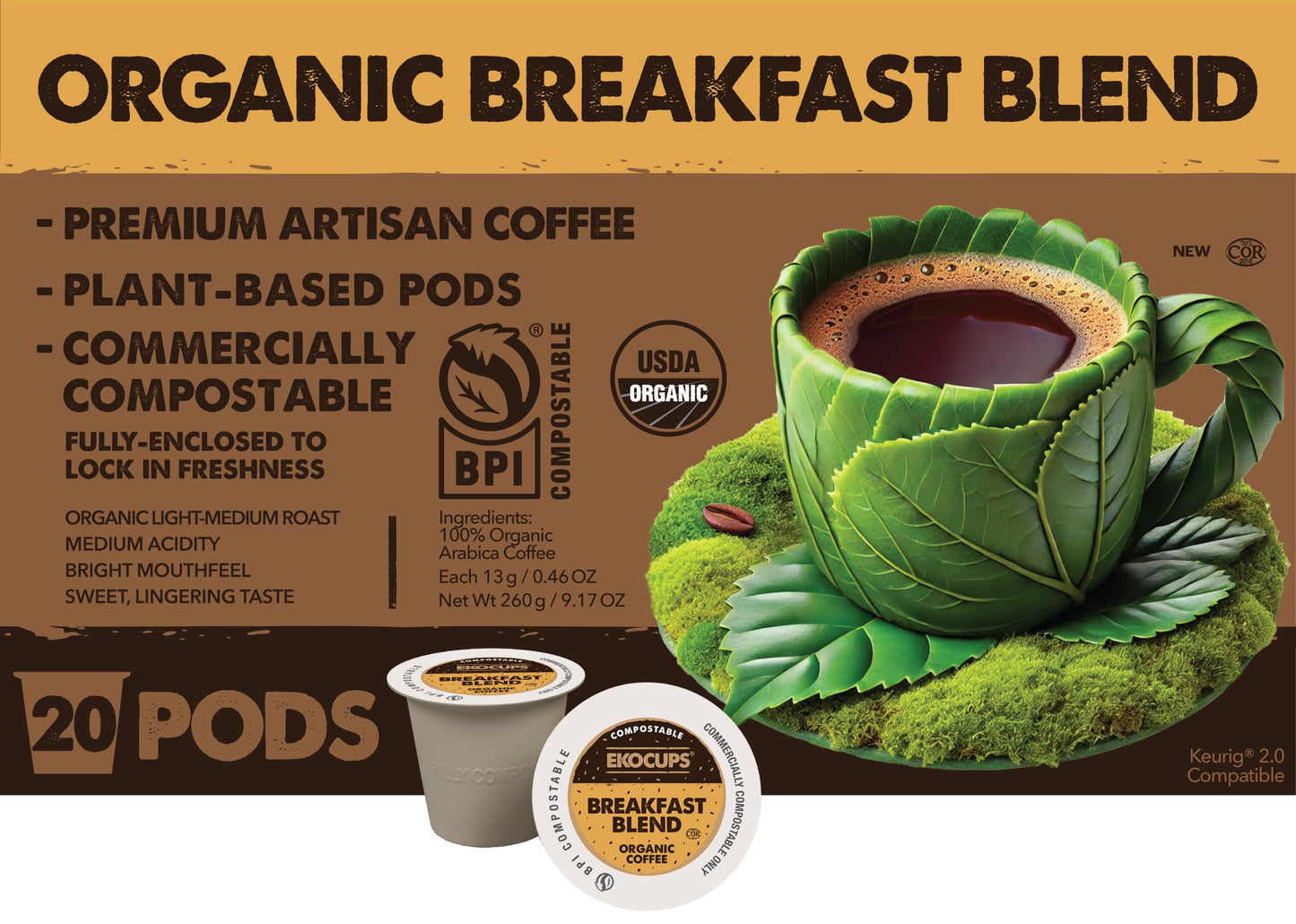 Ekocups Organic Breakfast Blend Coffee Pods - Light Roast Compostable Plant-Based & Freshness-Sealed - French Press-Quality Brew - Keurig Compatible 20ct