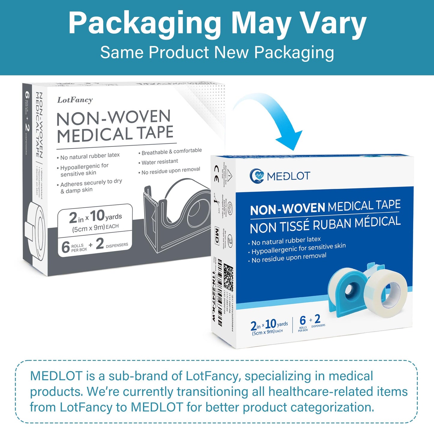 LotFancy Medical Tape, 6Rolls 2inch x 10Yards, Adhesive Hypoallergenic Surgical Paper Tapes, Wound First Aid Tape, 2 Dispensers Included