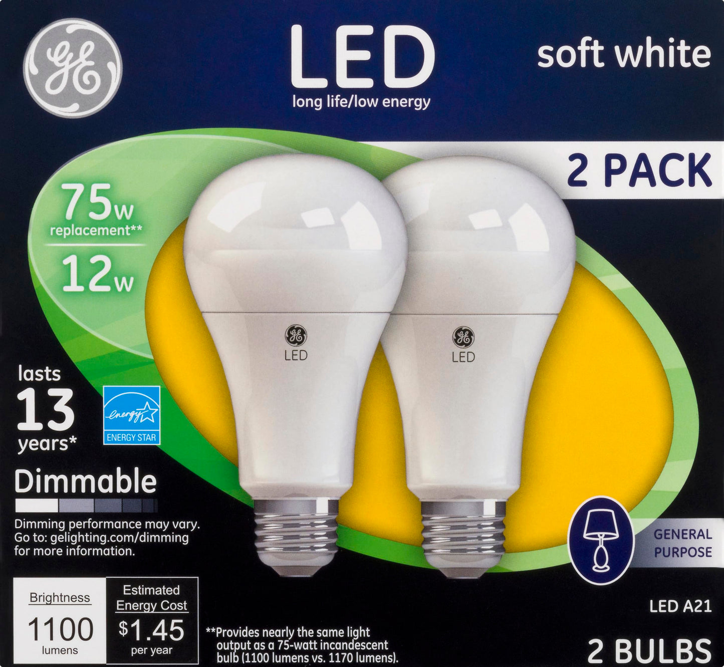 Ge Lighting 65943 12 Watt E26 A21 Soft White Led Dimmable Light Bulb 2 Pack