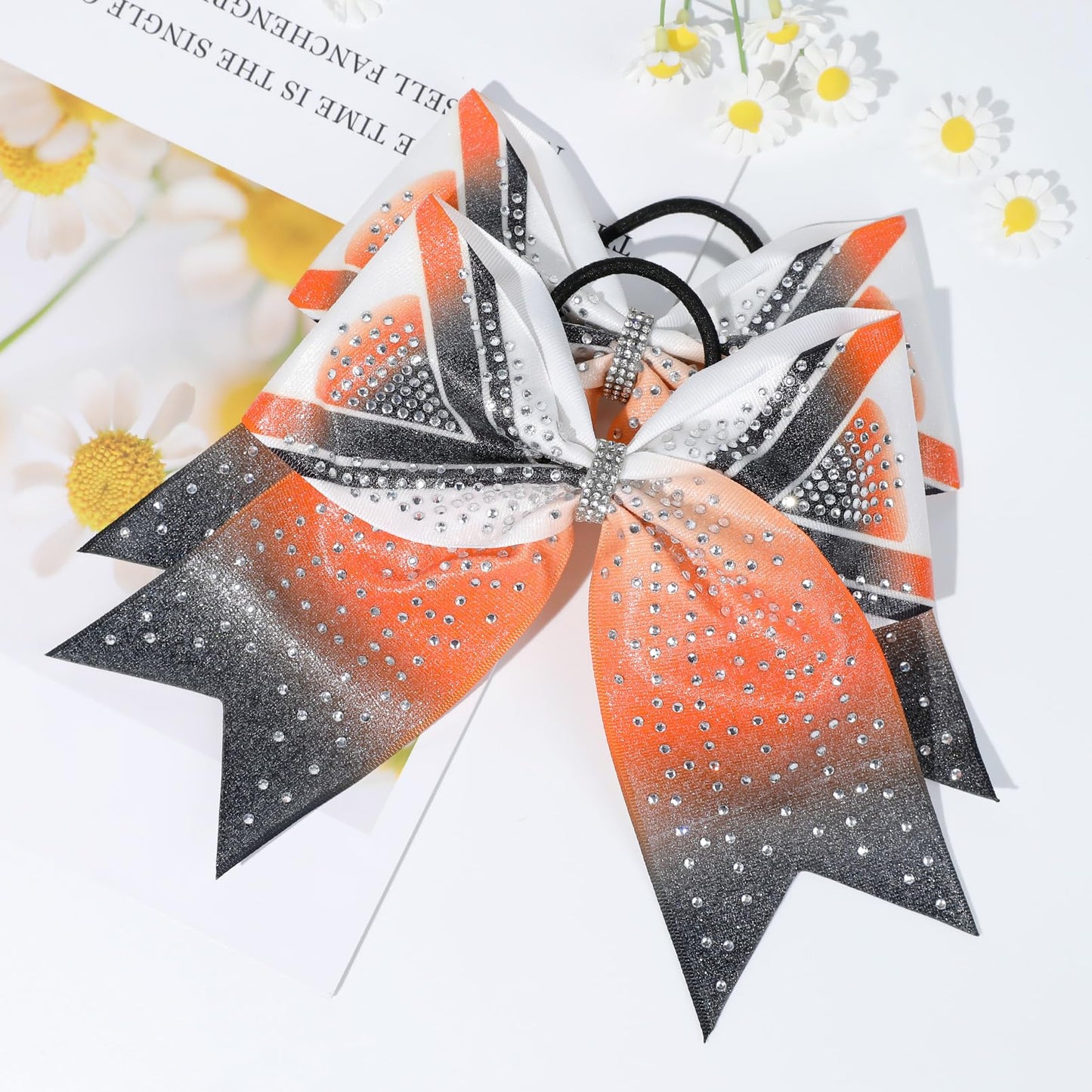DEEKA 6PCS 8 Large Glitter Cheer Bows Black and Orange Gradient Color Rhinestone Shiny Cheer Hair Bows Elastic Band Ponytail Hol