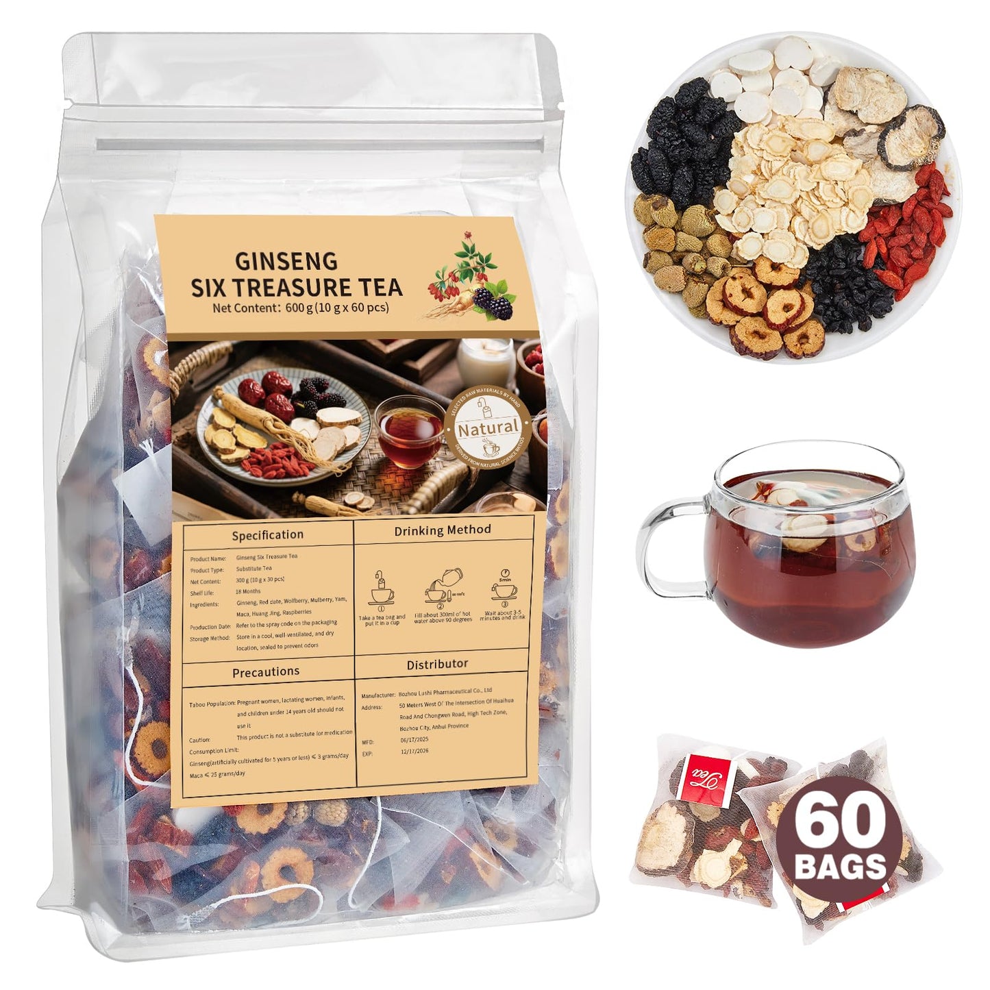 Kidney Tea Formula Ginseng Six Treasure Tea Ginseng & Mulberry Herbal Tea Kidney Cleanse Detox & Repair Traditional Chinese Herbal Tea Bags Five Treasures Teas For Men Women (60 Bags/1 Pack)