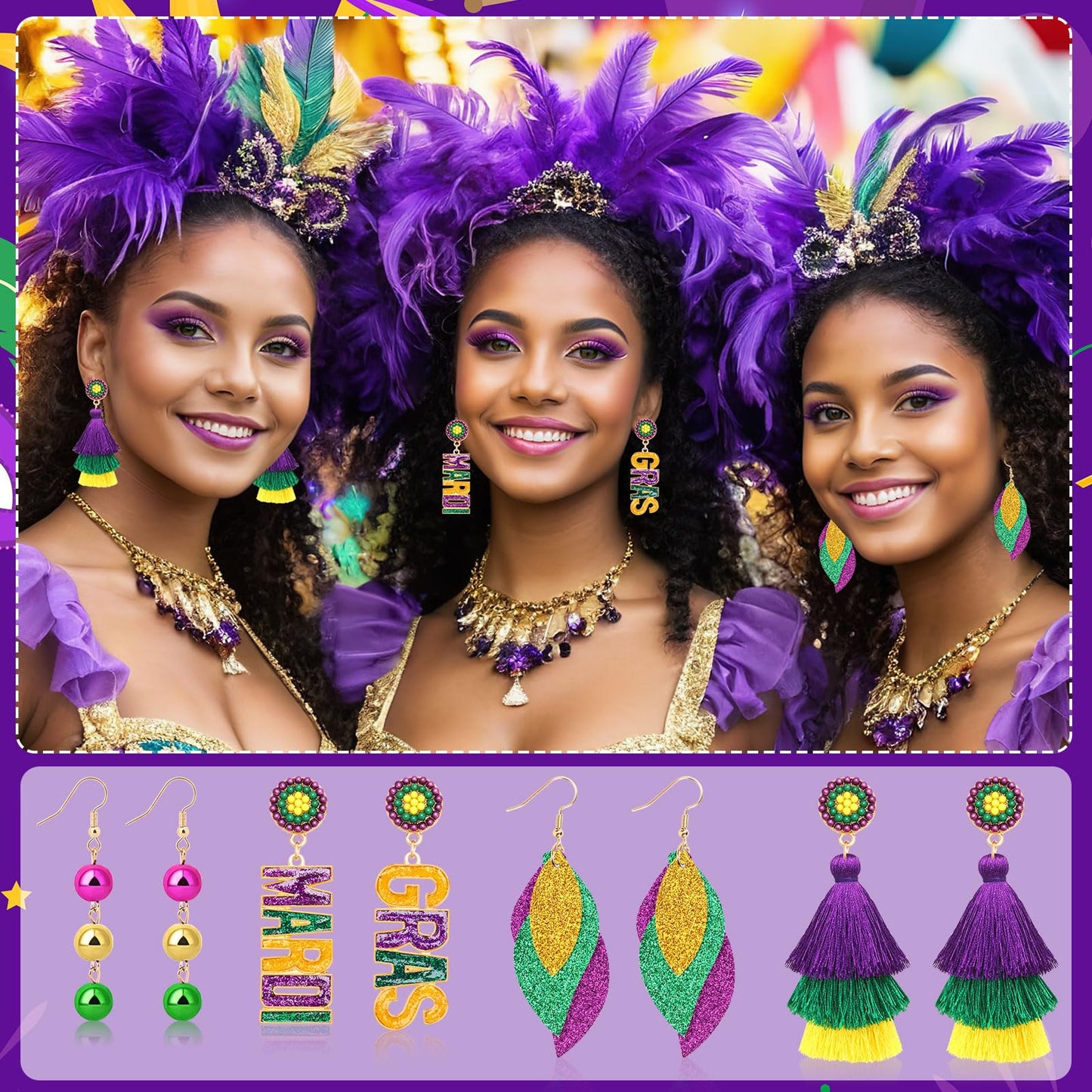 DTOFOOT 4 Pairs Mardi Gras Enamel Earrings for Women Carnival Stud Earrings Beaded Mask Fleur De Lis Crown Drop Dangle Set for P