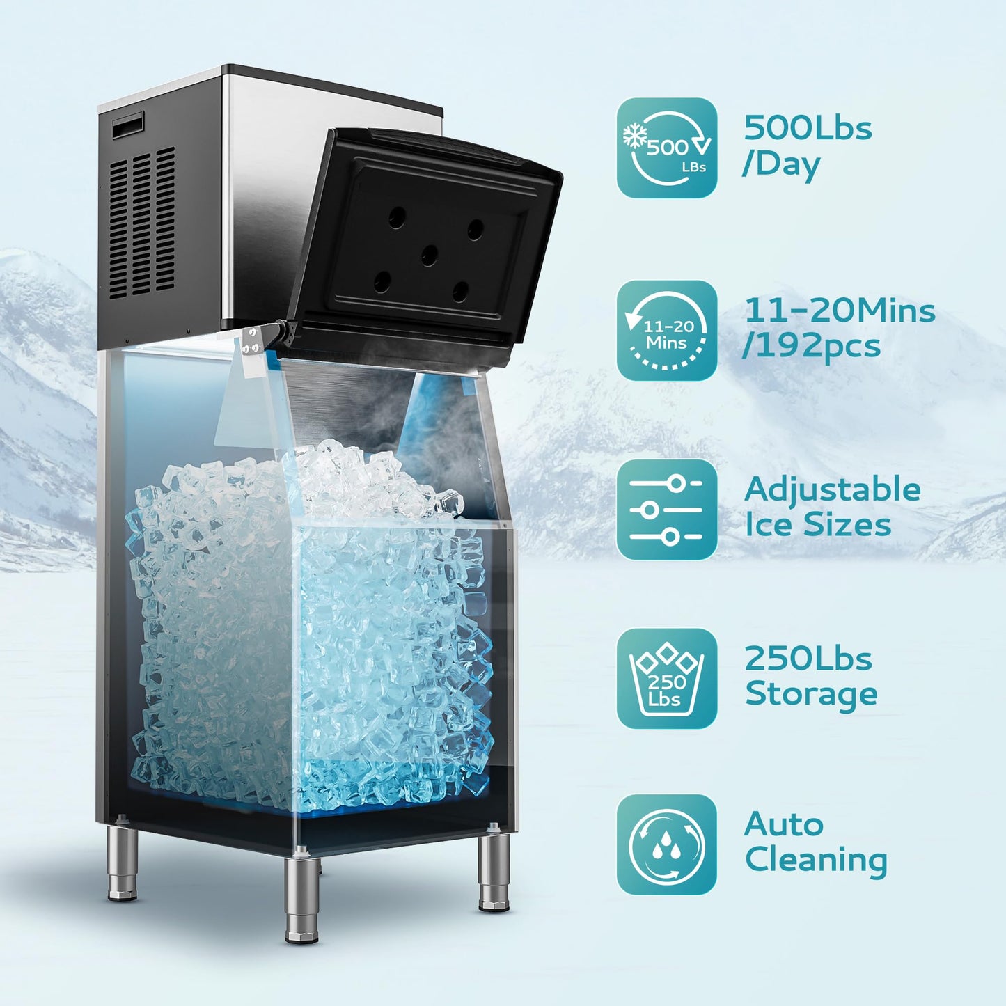 EUHOMY Commercial Ice Maker Machine 500Lbs/24H, SECOP Compressor&ETL Approval, Industrial Ice Machine, 250Lbs Storage, Ice Ready in 8-15 min, Stainless Steel Ice Maker for Bar/Cafe/Restaurant/Business