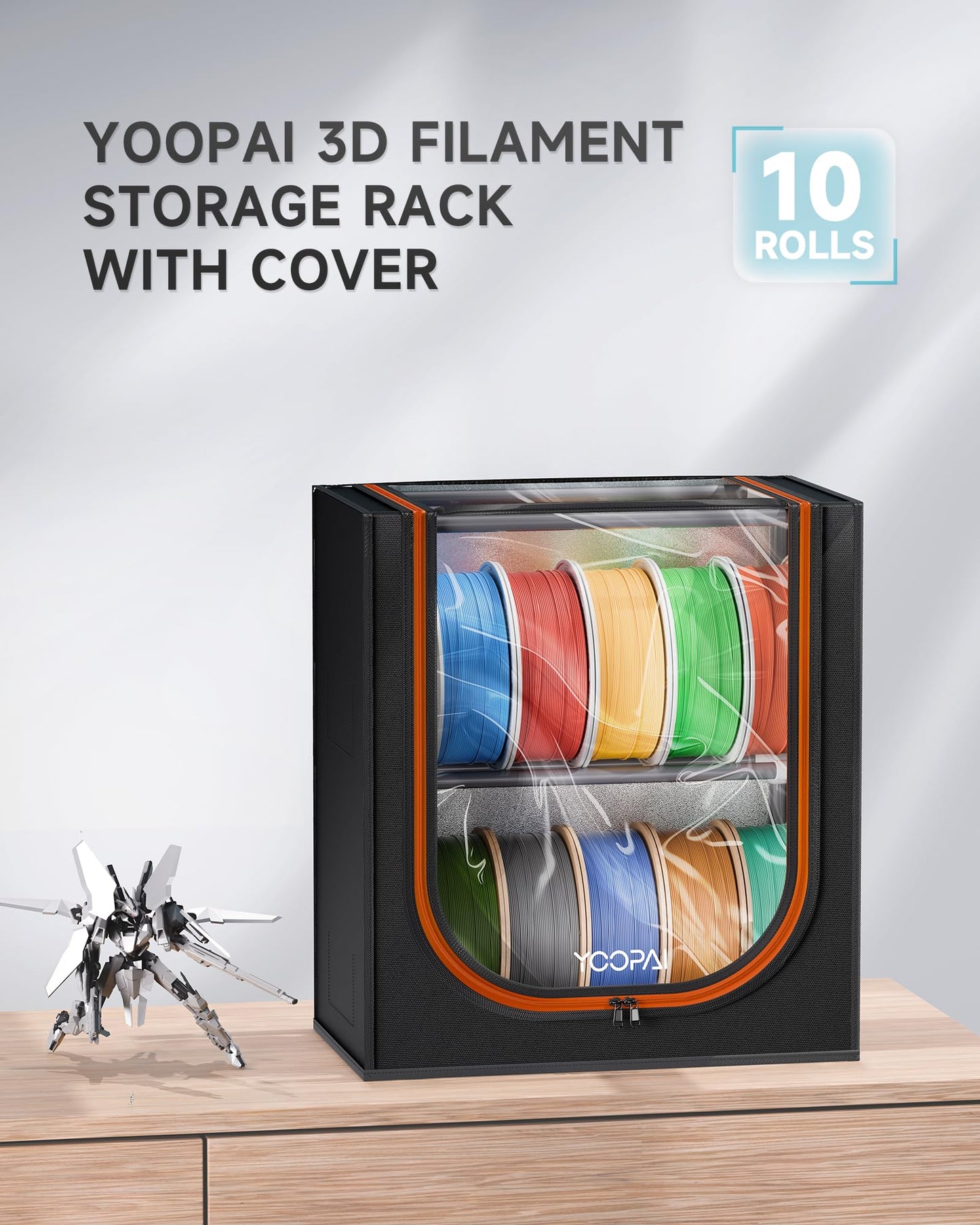 YOOPAI 3D Printer Filament Storage Box with Desiccants - 2 Tiers Metal Filament Storage Rack with Cloth Cover,Holds Up to 12 Rolls of Filaments - 3D Filament Holder for Home, Office Workshop, Studio