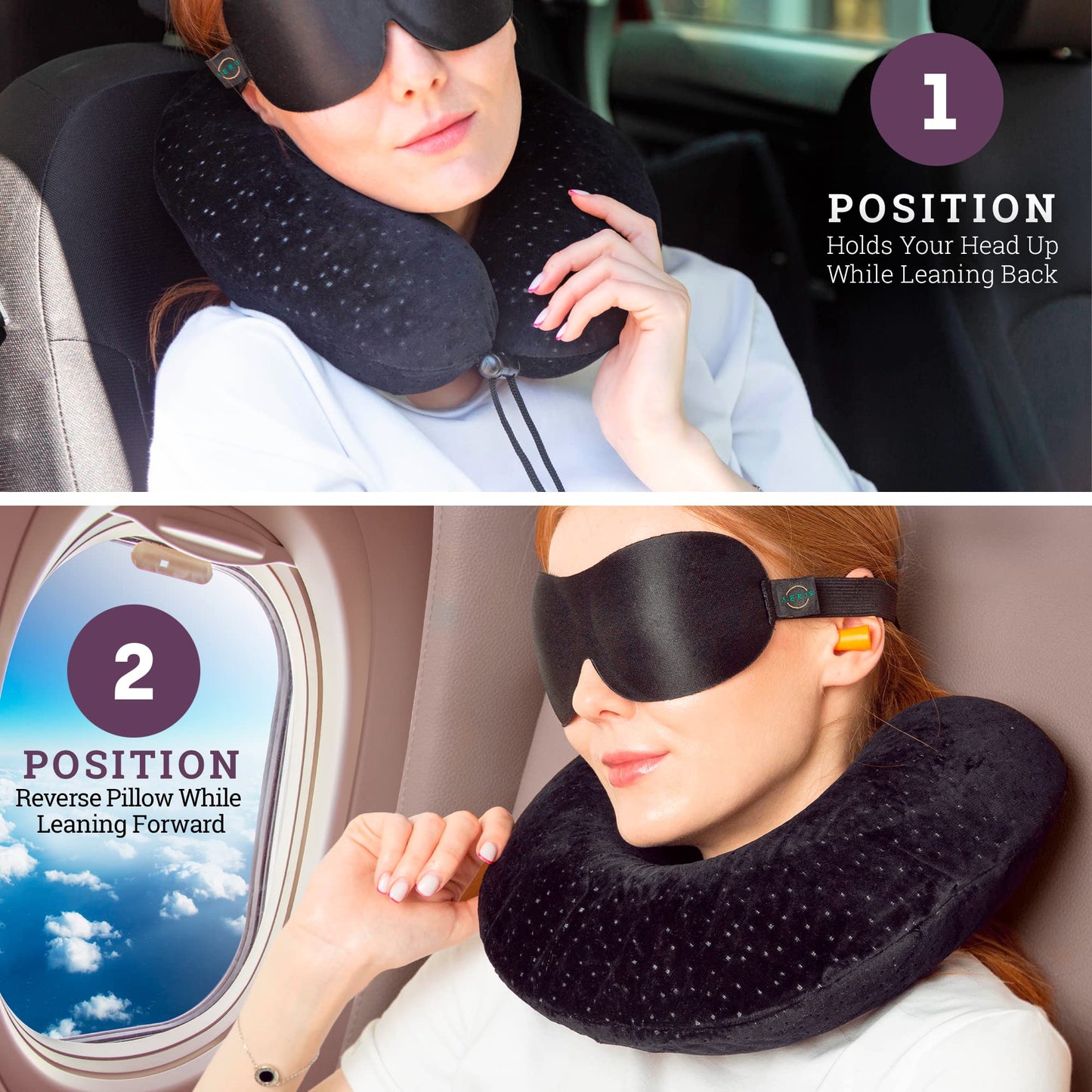 Aeris Memory Foam Travel Pillow for Airplanes - Best Airplane Neck Pillow for Long Flights - Plane Accessories Carry Bag to Save Space, Ear Plugs and Eye Mask - Perfect Flight Set & Gift