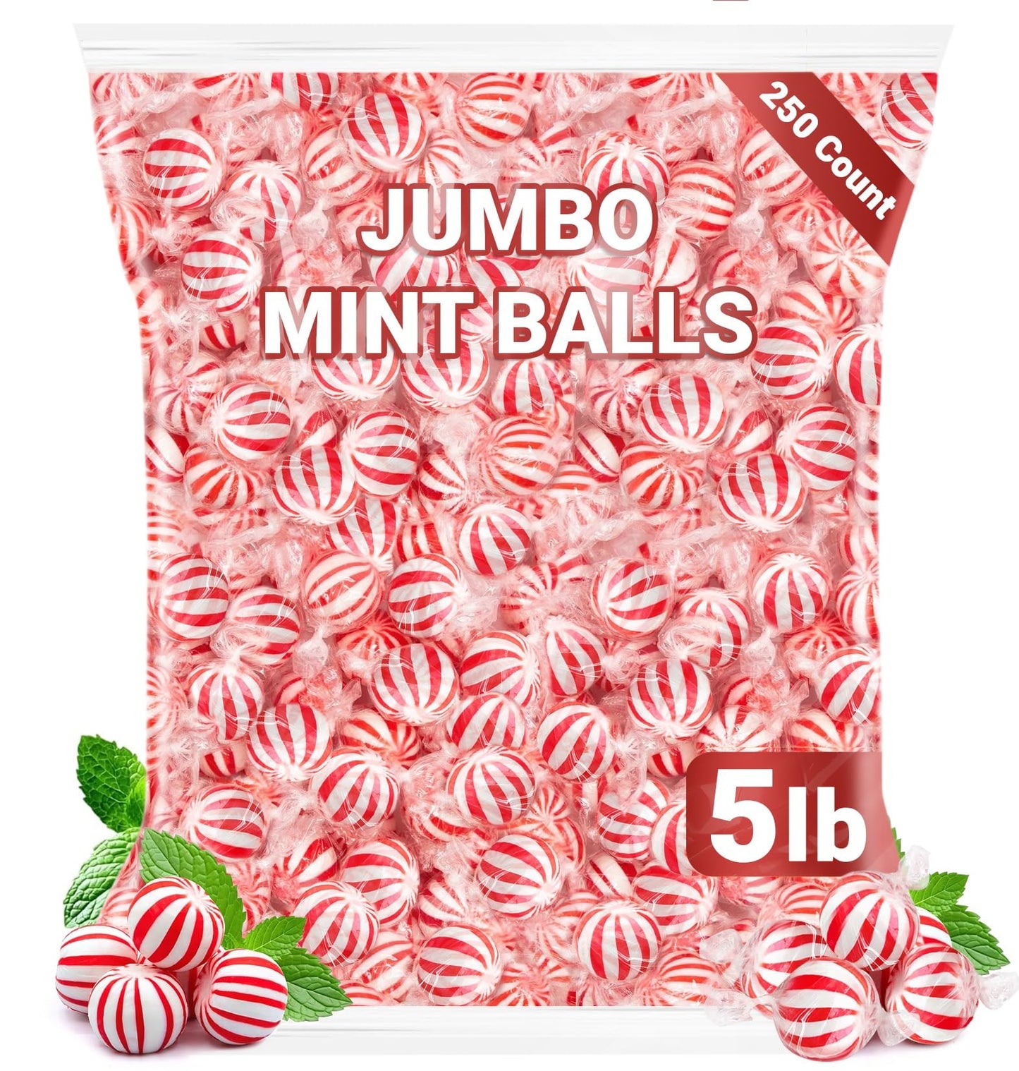 Peppermint Hard Candy 5 Pound Bulk Jumbo Peppermint Candy Balls Approx 250 Individually Wrapped Mint Balls for Office Bowls Christmas Candy Jars and Holiday Party Favors