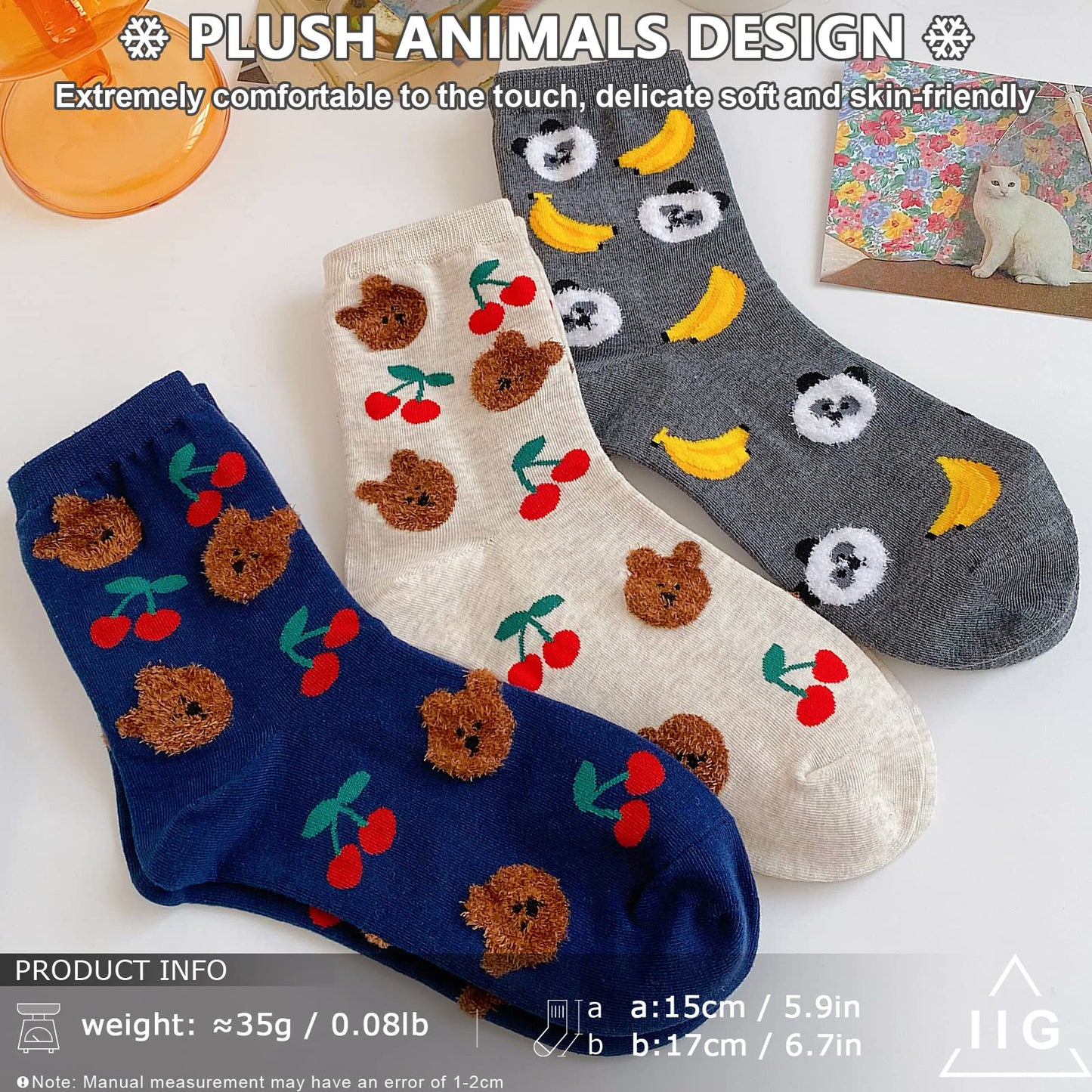 IIG 3-6 Pairs Womens Cute Animal Patterned Funny Novelty Cotton Crew Socks (Cute animal 02-5 pairs)