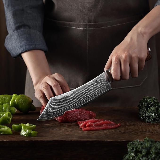 Wakoli EDIB Damascus Grill & Butcher Knife – 7.9-Inch Blade for Meat and BBQ | Japanese Style Professional Chef Knife Made from 67-Layer Damascus Steel with VG10 Core | Ergonomic Pakkawood Handle