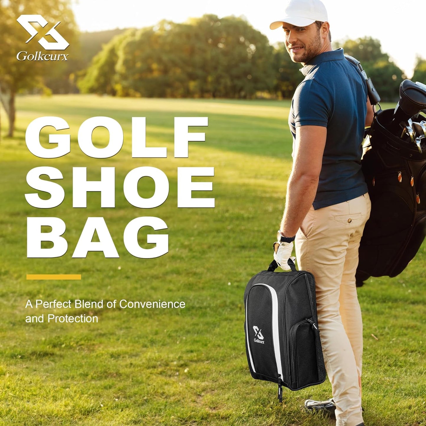 Golkcurx Golf Shoe Bag for Travel Zippered Sport Shoe Carrier Bags with Side Accessory Pockets for Socks, Tees, Golf Balls(Black)